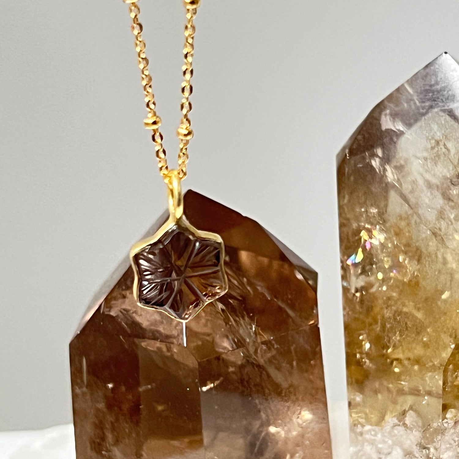 Carved Star Pendant Smokey Quartz on a Short Satellite Chain