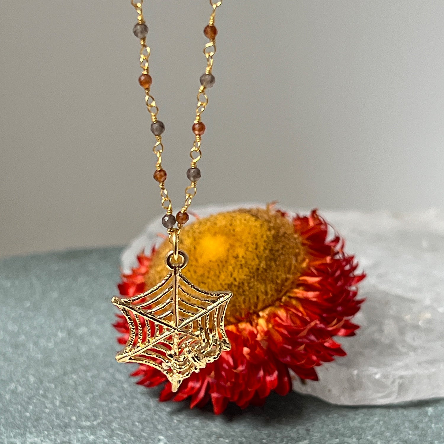 Spiderweb Charm On Long Smoky Quartz and Citrine Rosary