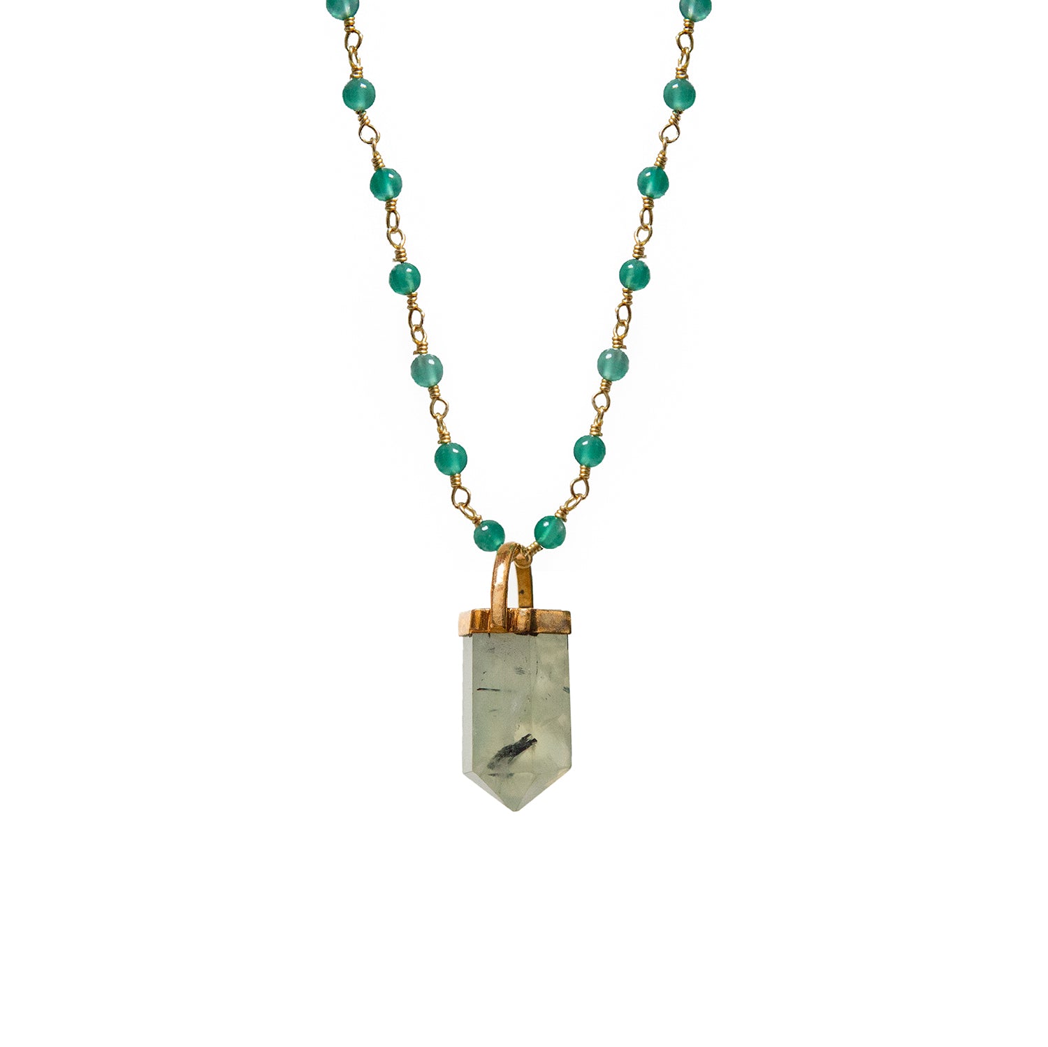 Necklace with green onyx and a stone pendant on a white background