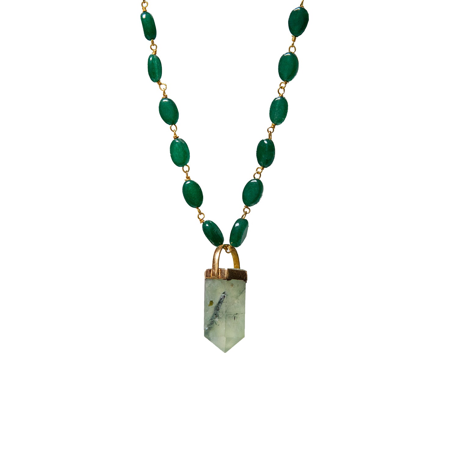 Rosary necklace with green onyx with a Prehnite pendant on a white background
