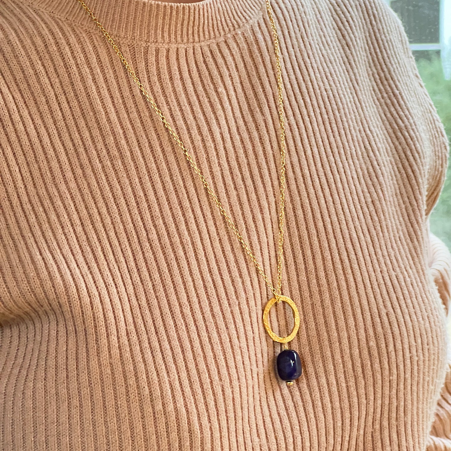 Taya Pendant With Blue Quartz On Long Simple Chain