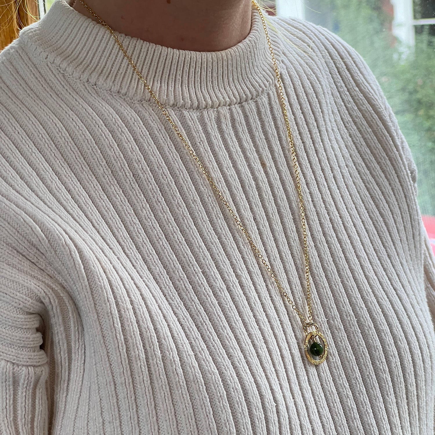 Taya Pendant With Nephrite Jade On Long Simple Chain