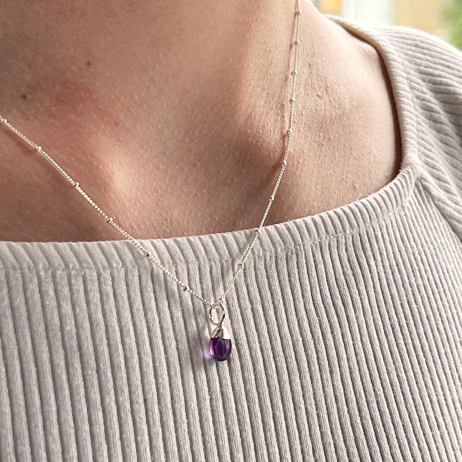 Tiny Smooth Amethyst Briolette On Sterling Silver