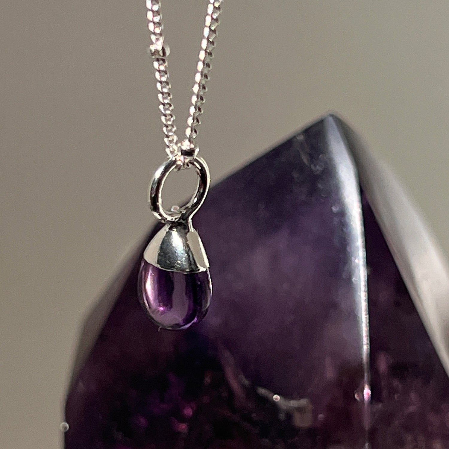 Tiny Smooth Amethyst Briolette On Sterling Silver