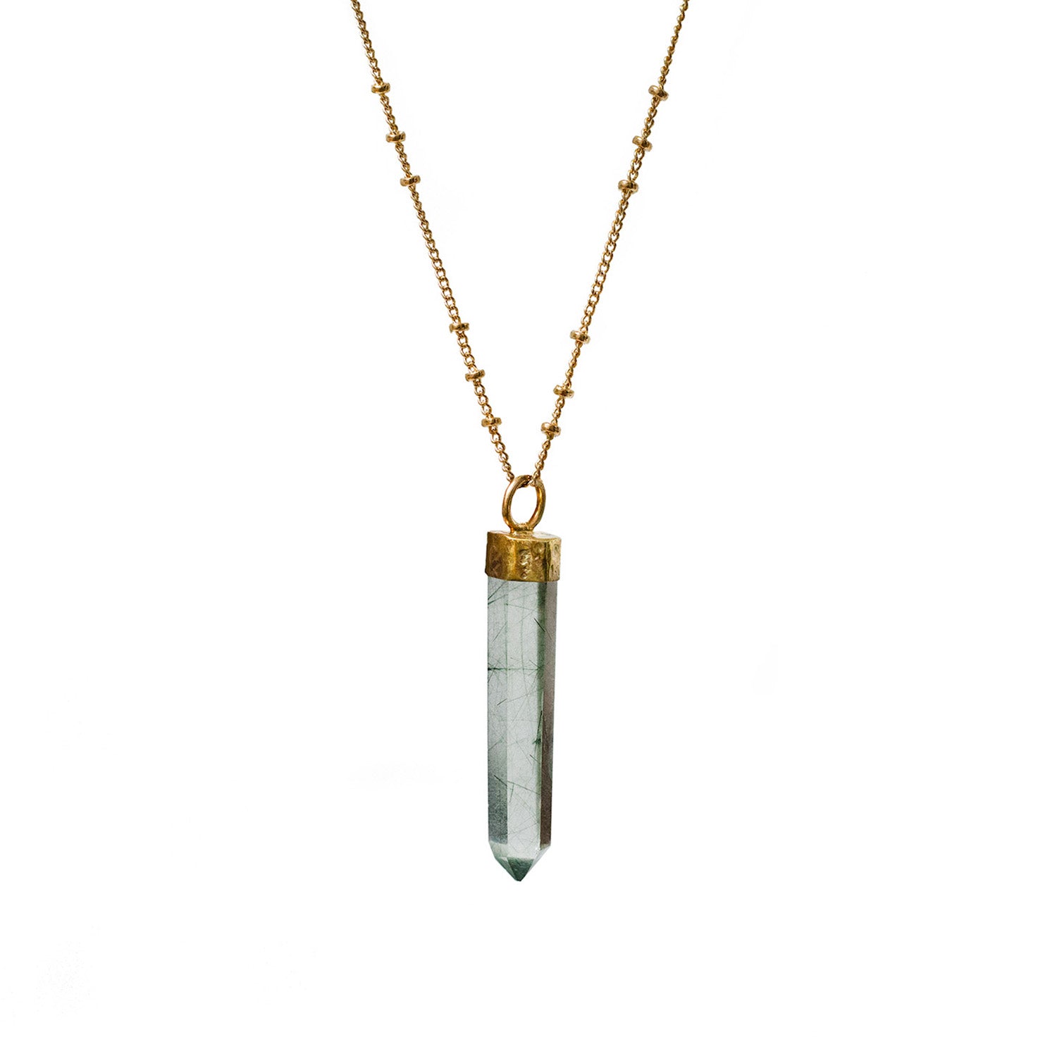 Unique Green Tourmalinated Quartz Pendant on Long Mini Biba Chain