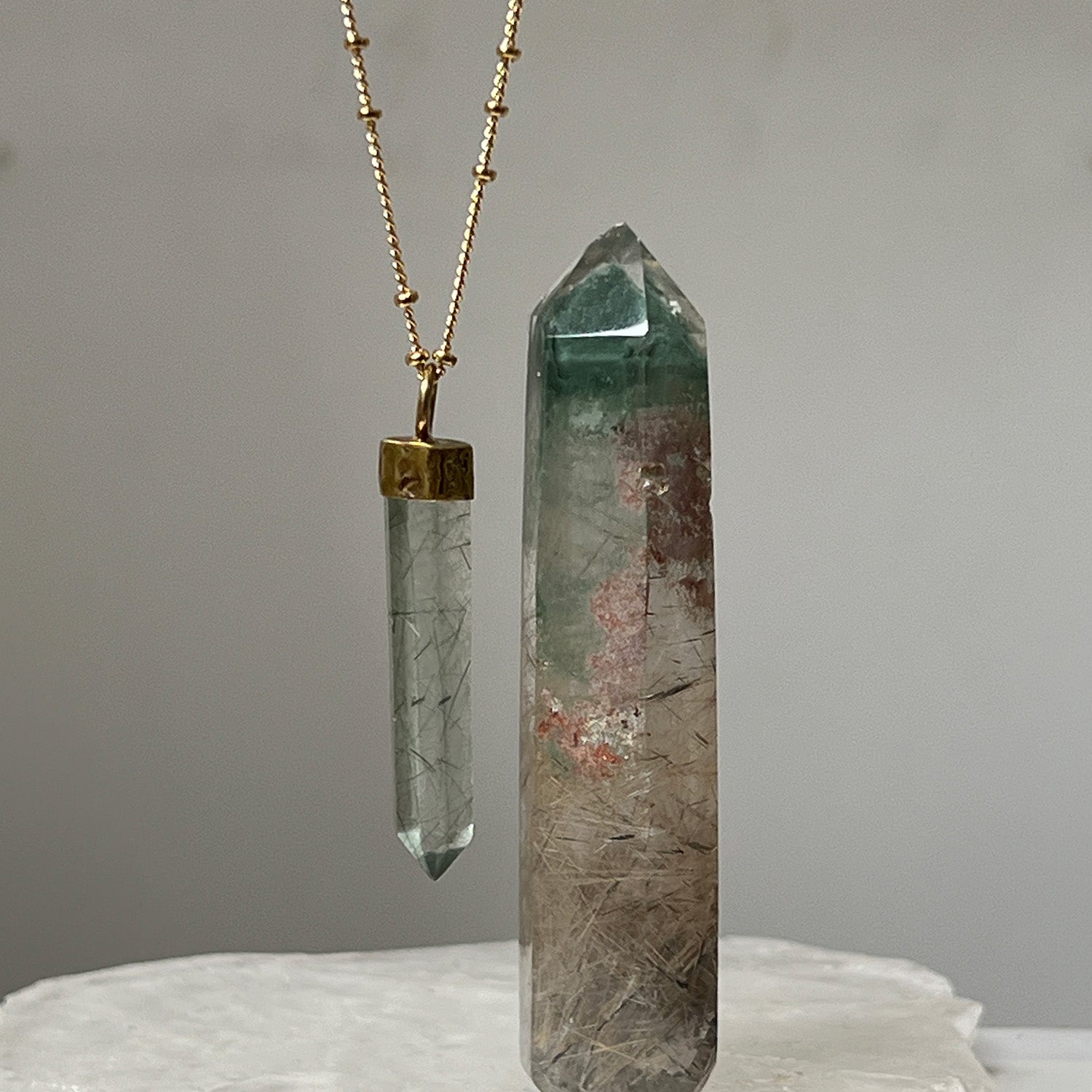 Unique Green Tourmalinated Quartz Pendant on Long Mini Biba Chain