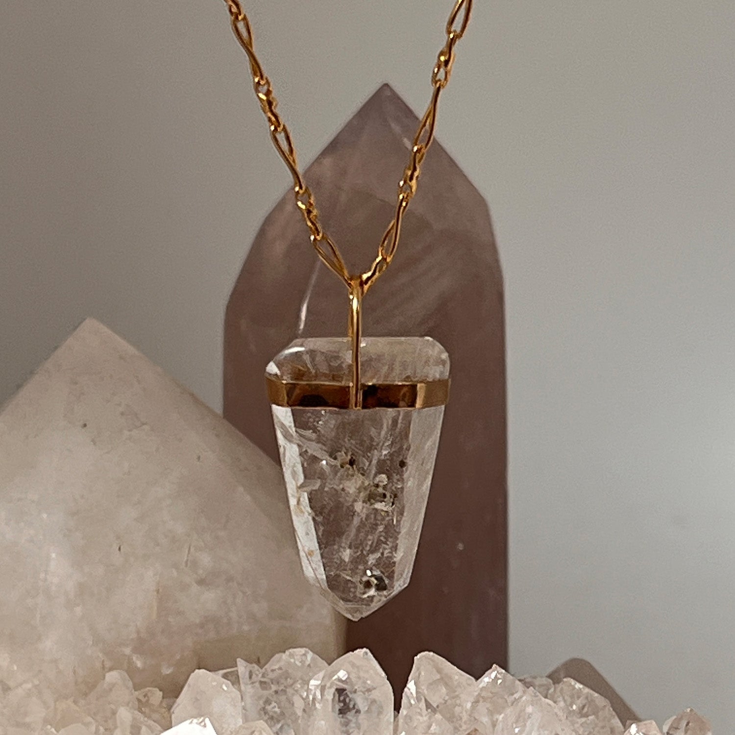 Flat Rock Crystal Point Bridge Set With Inclusions On Long Torsade Chain