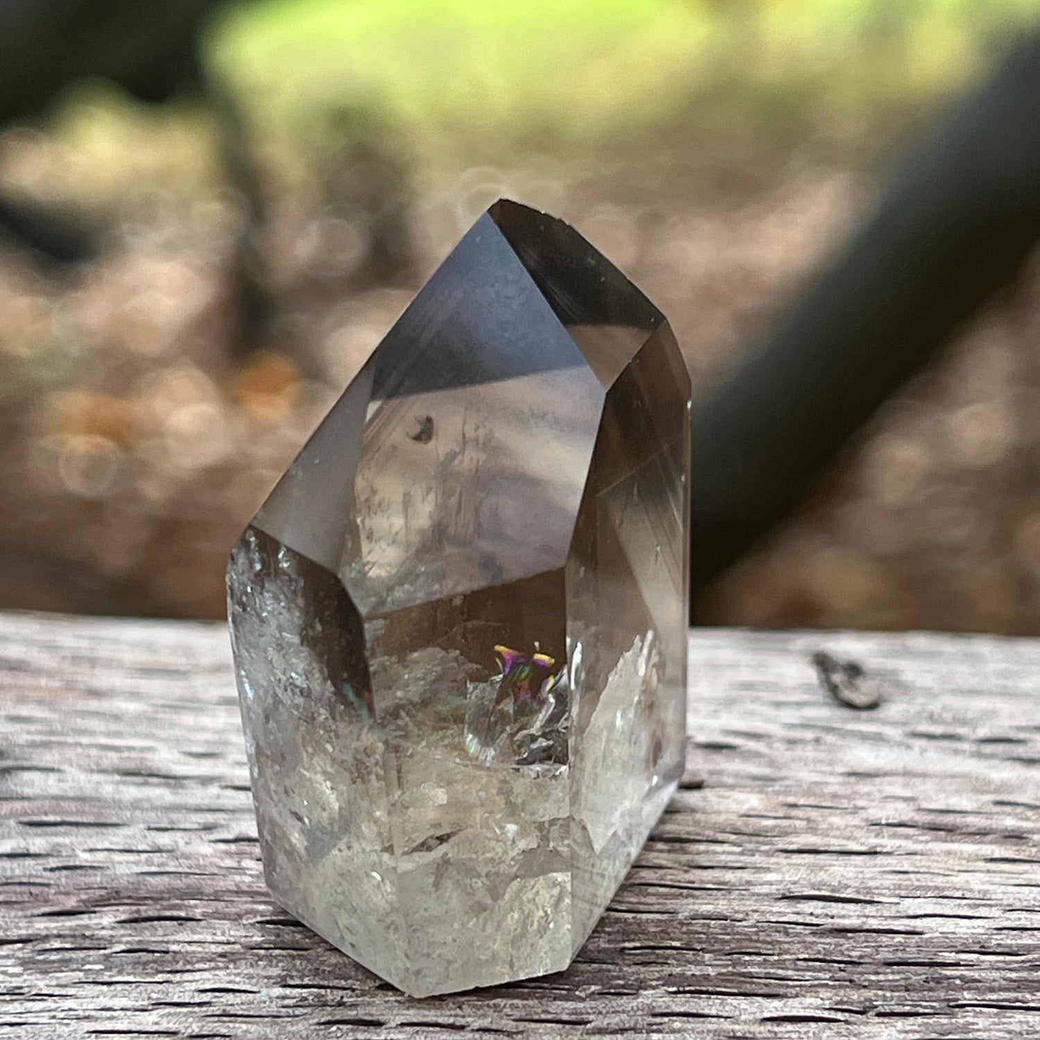 Citrine phantom quartz clear crystal on a wooden surface with a blurred natural background