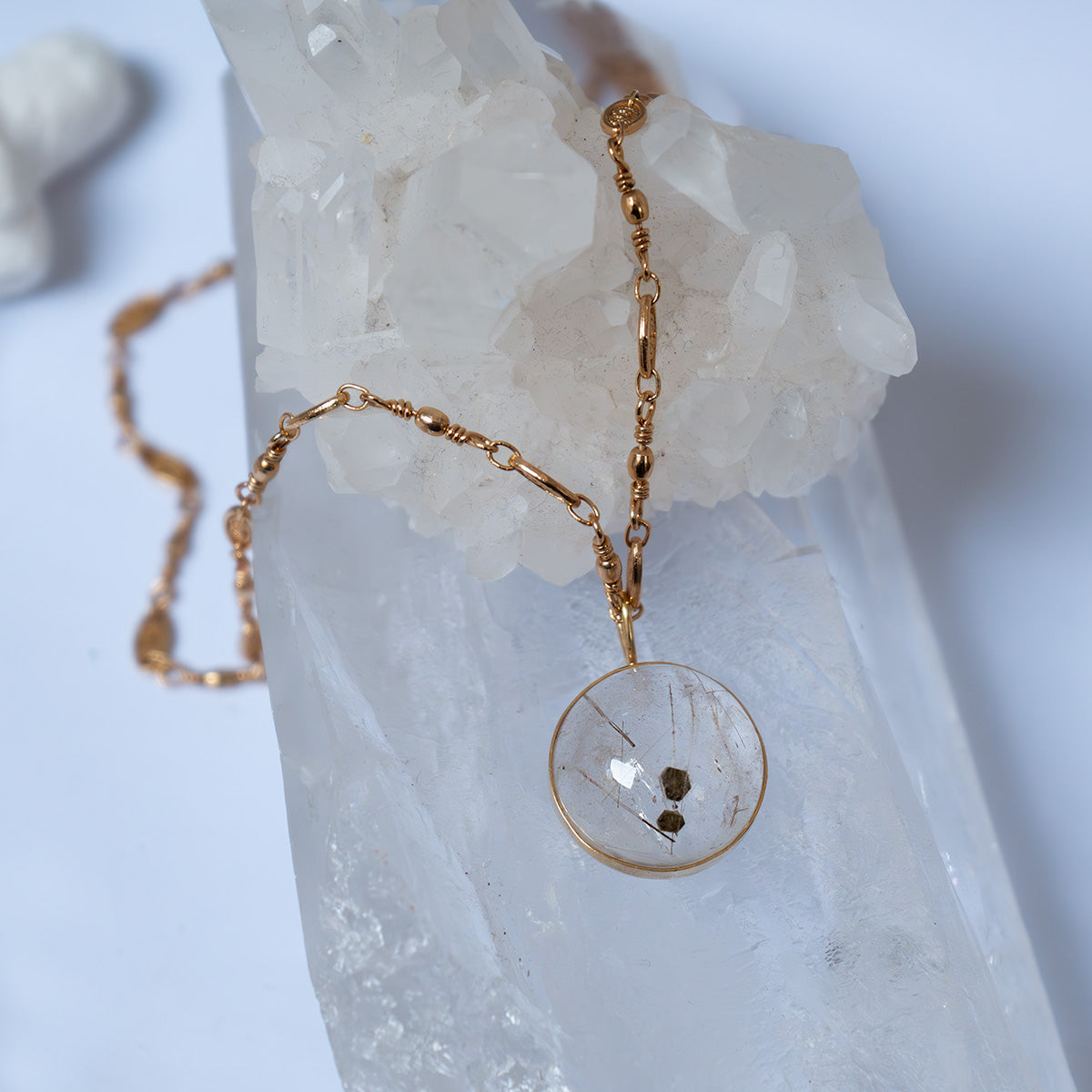 Unique Large Golden Rutile Quartz Cabochon On Long Louise Chain