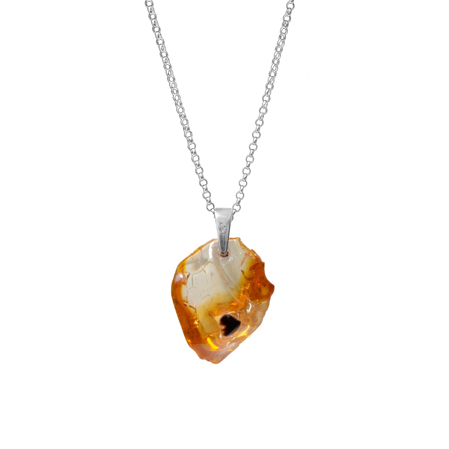 Unique Ethiopian Fire Opal With Black Heart Inclusion On Sterling Silver Baby Belcher Chain