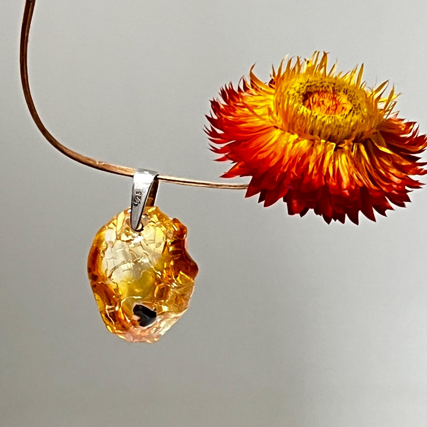 Unique Ethiopian Fire Opal With Black Heart Inclusion On Sterling Silver Baby Belcher Chain