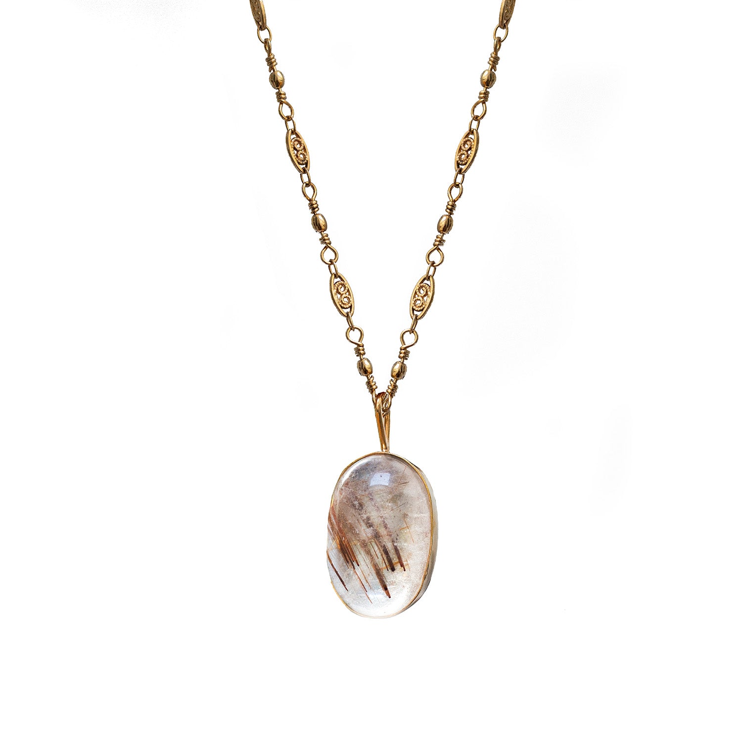 Unique Rutilated Quartz Pendant On Long Louise Chain