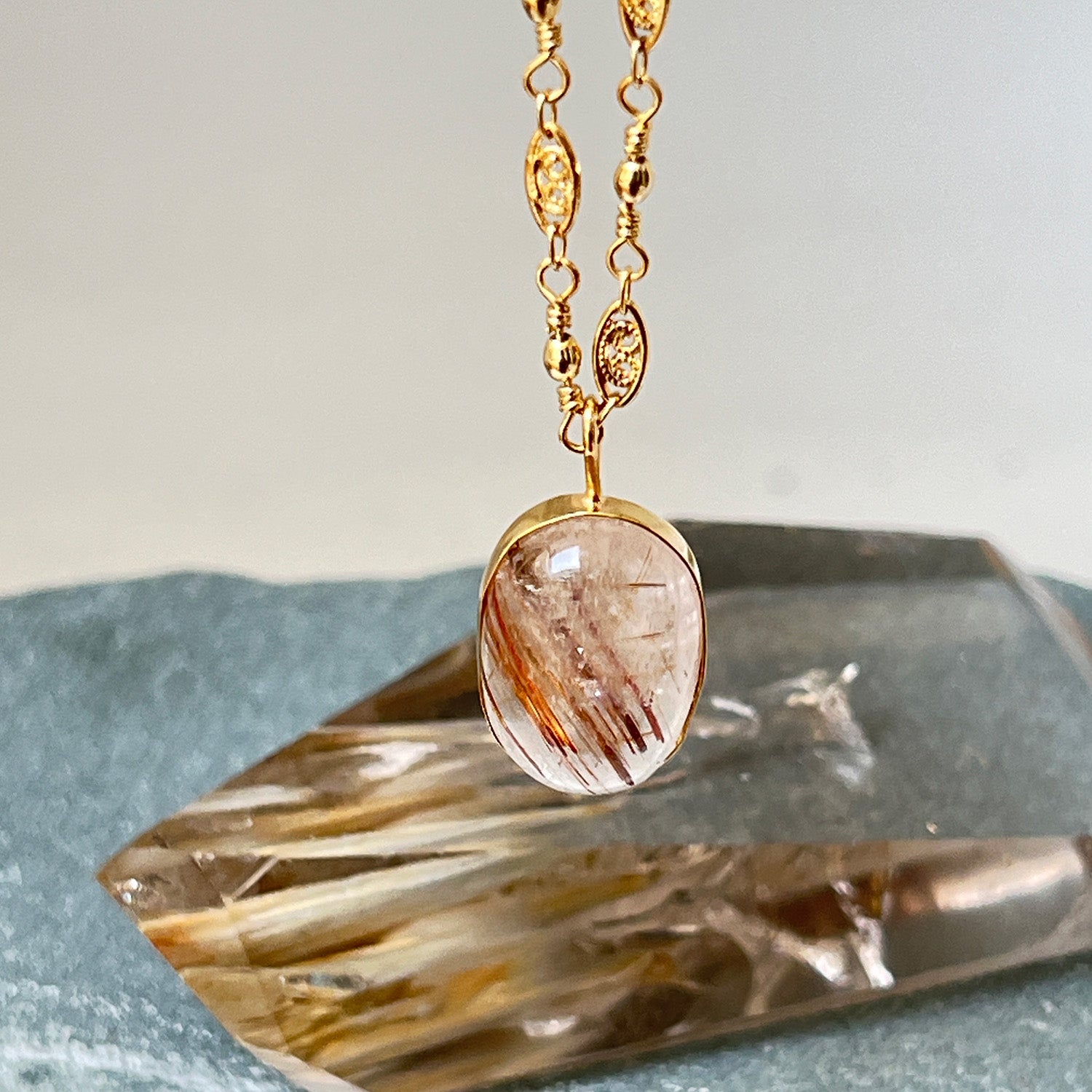 Unique Rutilated Quartz Pendant On Long Louise Chain