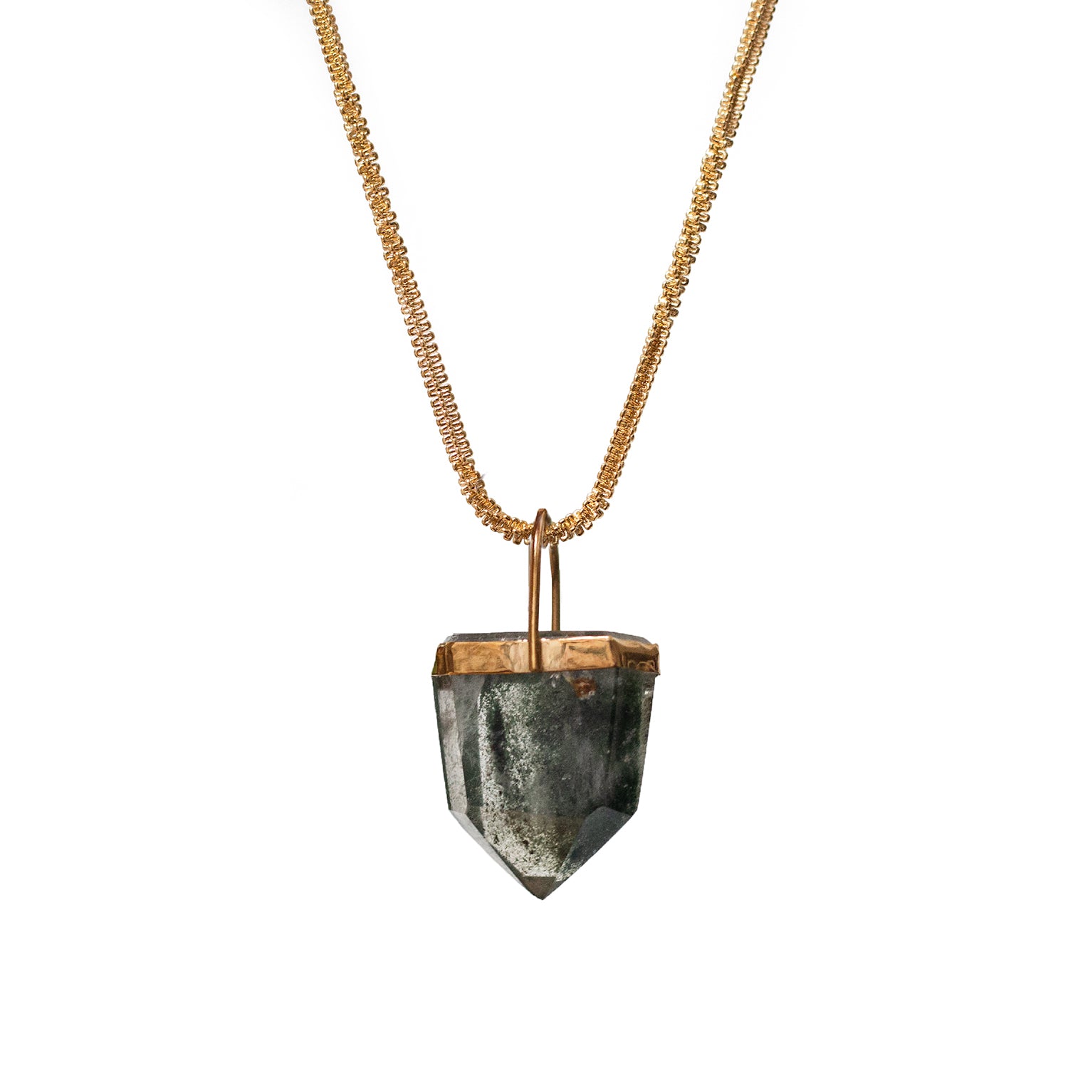 Unique Chlorite Point Pendant On Long Chaton Chain