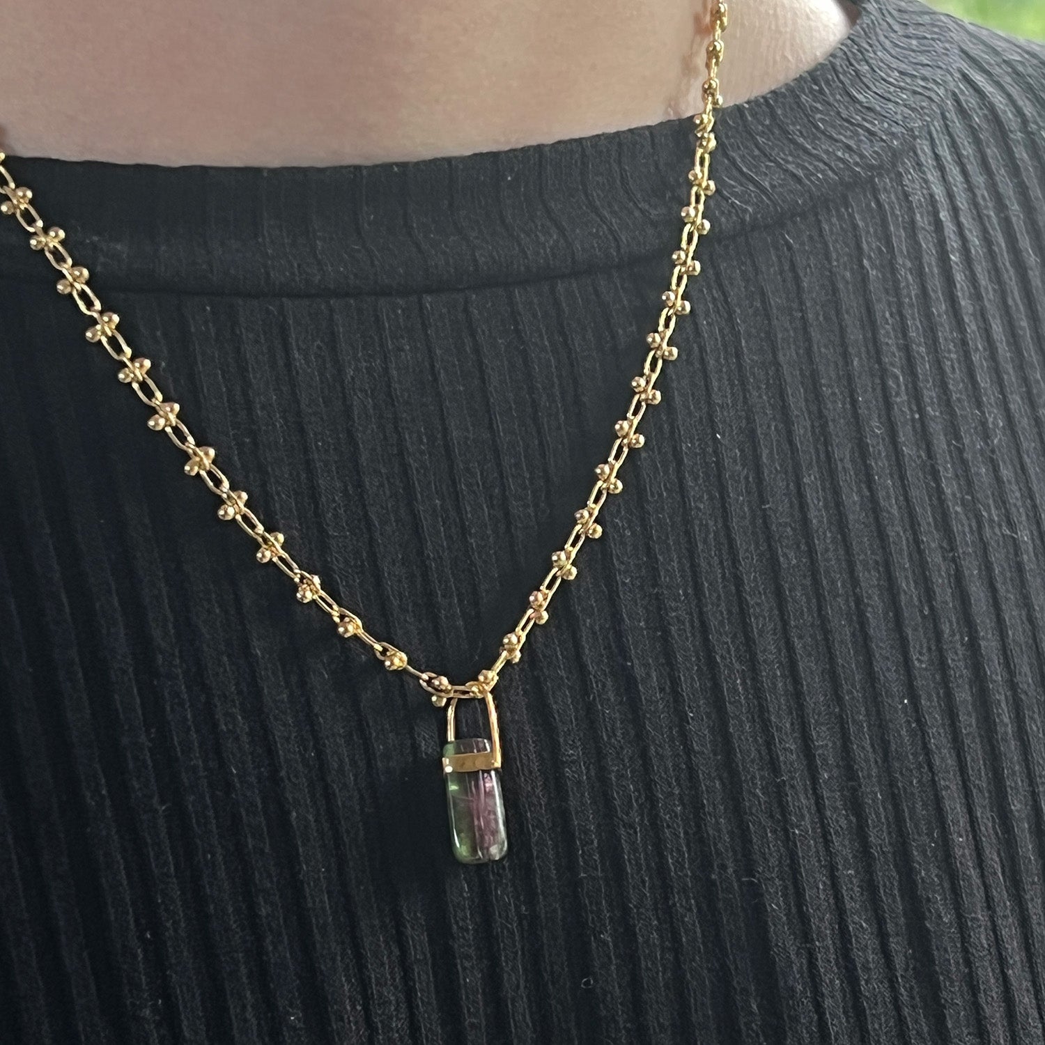Unique Tourmaline Pendant On Short Bula Chain