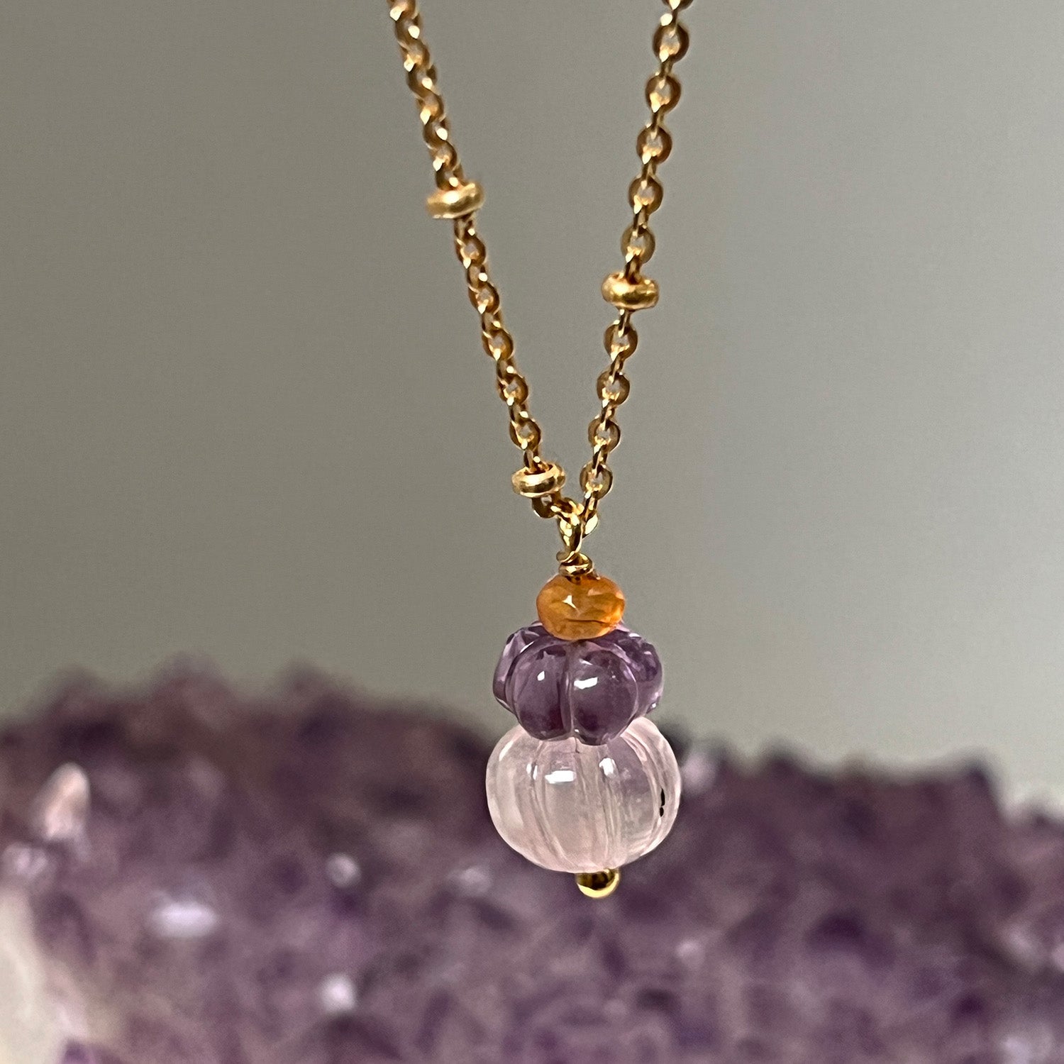 Vitality Trio Pendant With Rose Quartz, Amethyst & Fire Opal On Short Satellite Chain