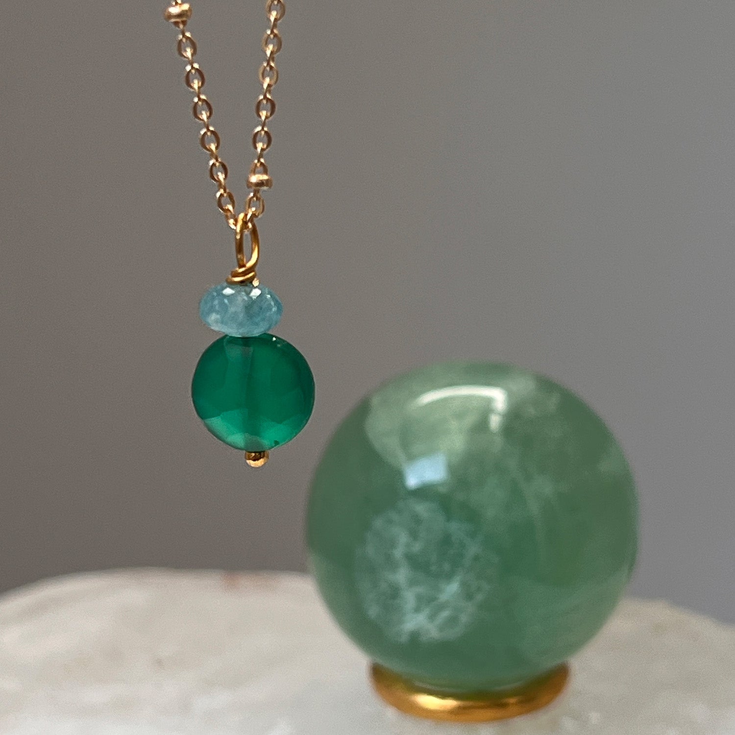 Round Green Onyx And Apatite Pendant On Short Satellite Chain