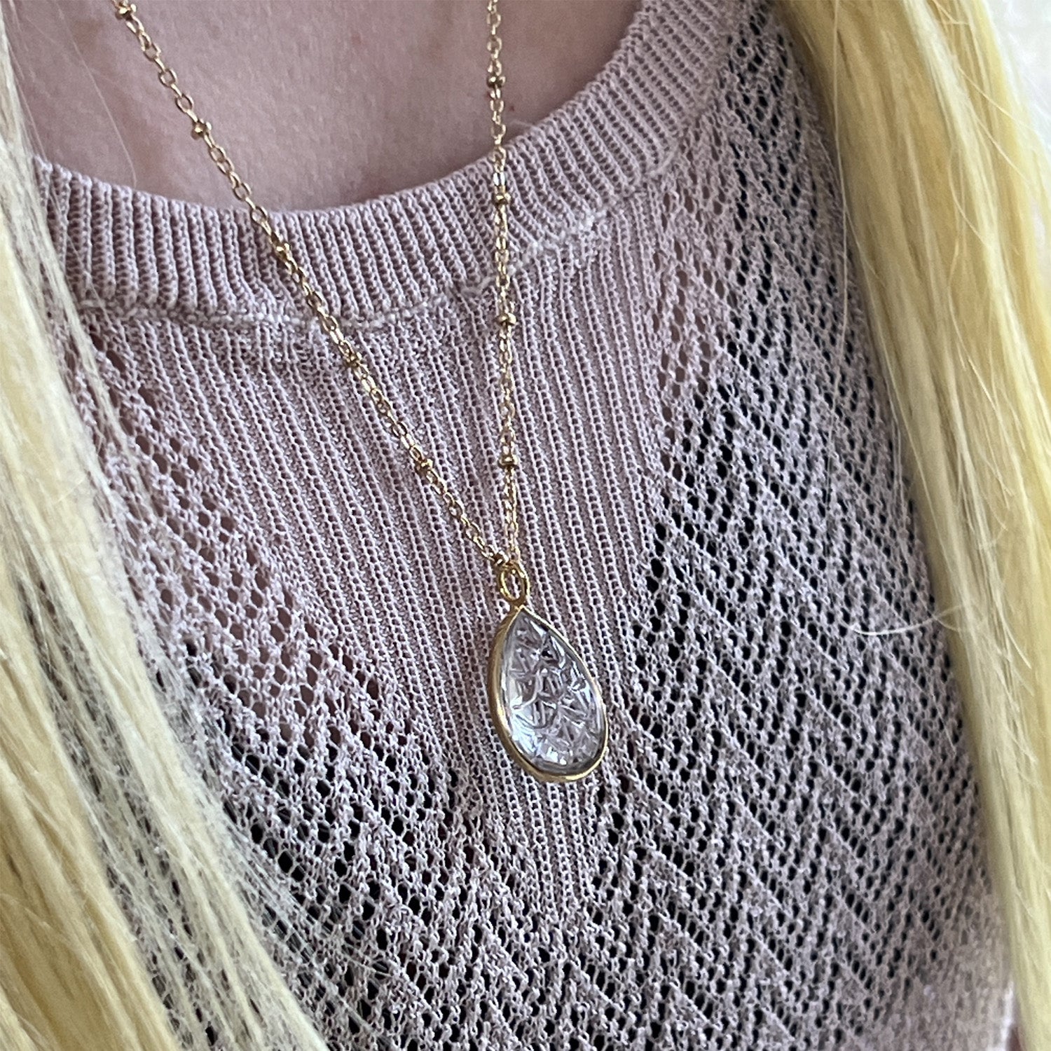 Carved Rock Quartz Drop Pendant on Long Satellite Chain