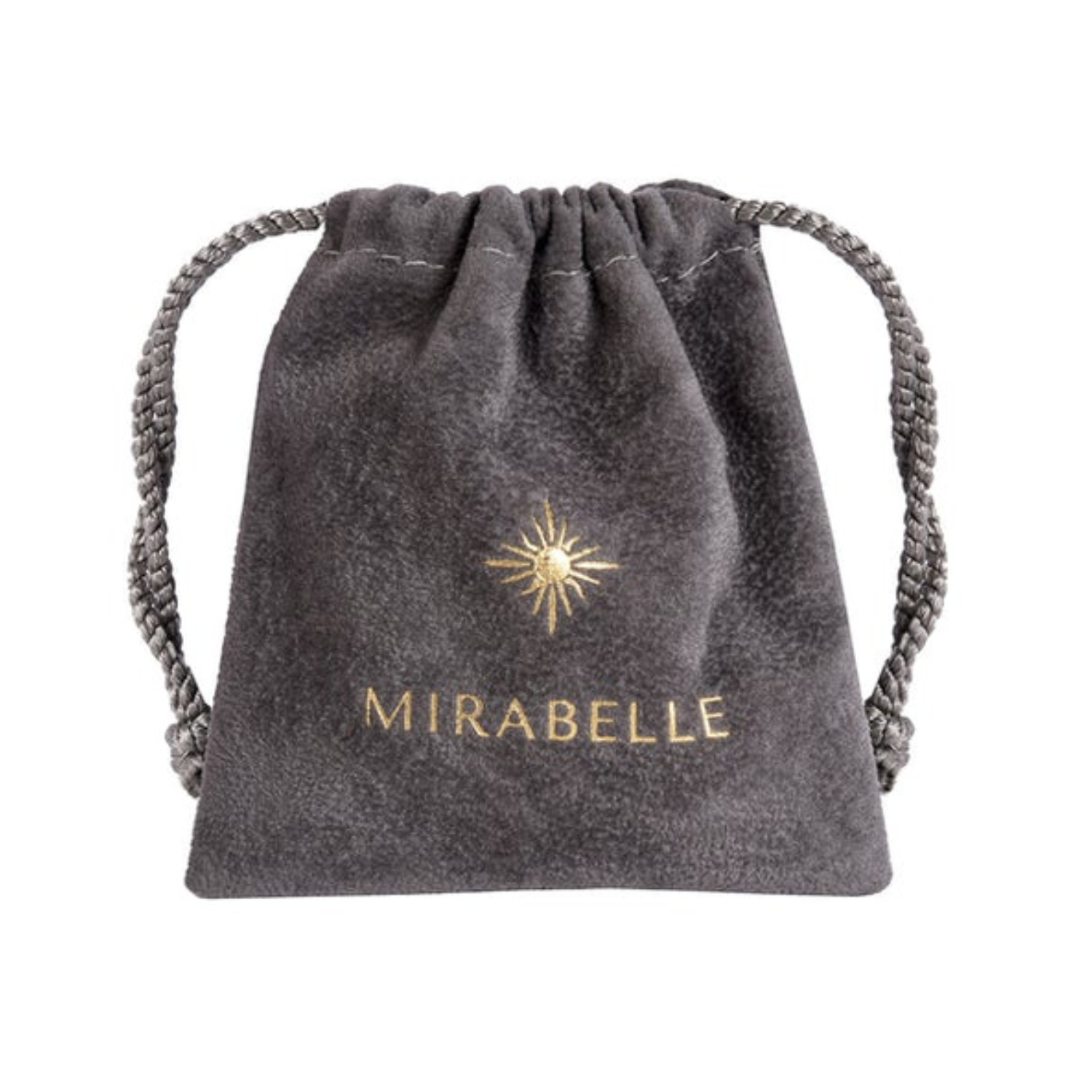 Grey jewellery pouch with the Mirabelle logo and nam in gold.