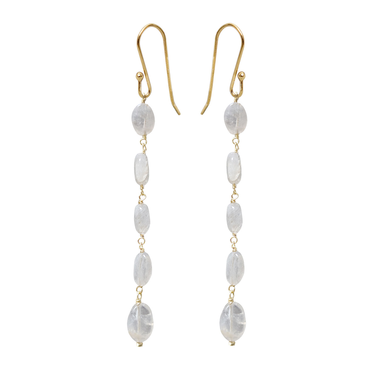 A pair of white moonstone earrings with gold-plated hooks, each one features 5 moonstones