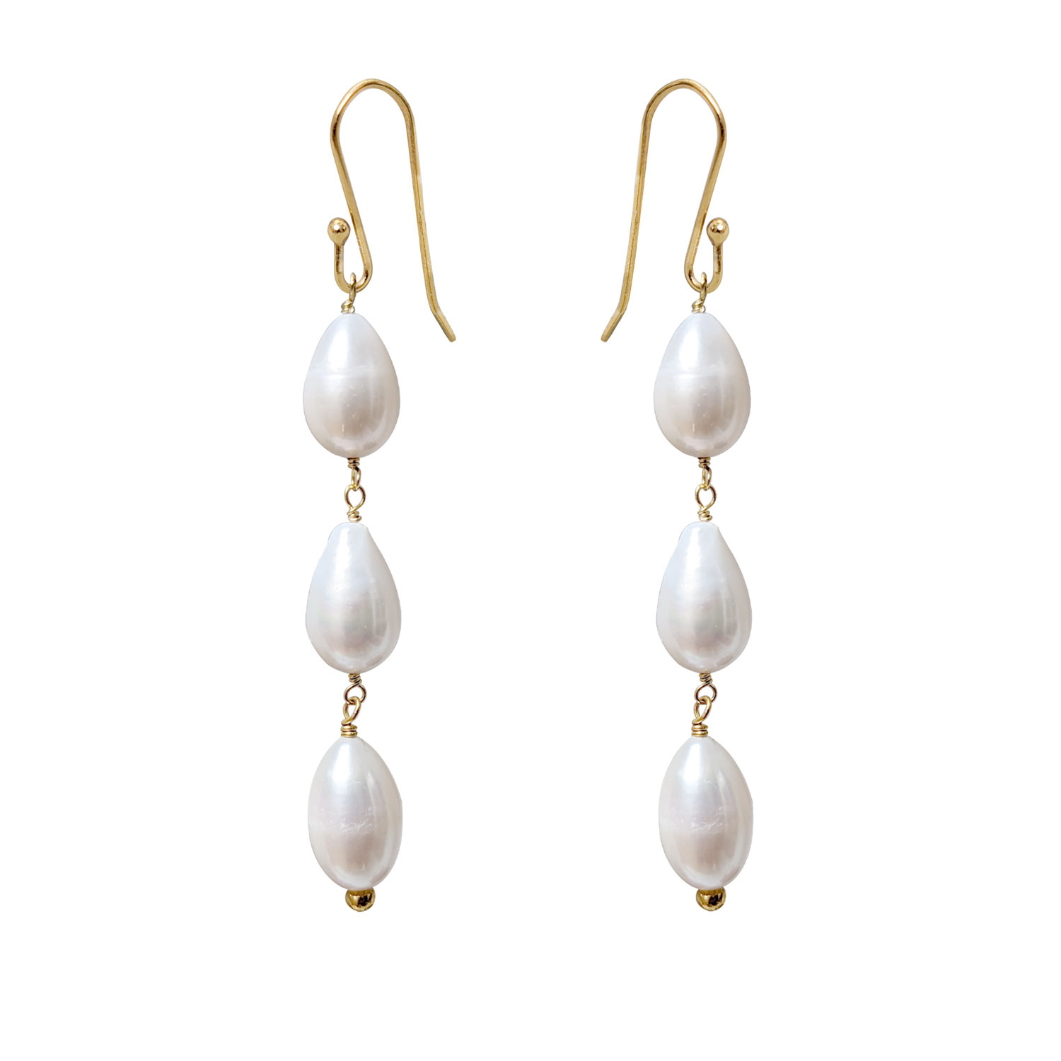 A pair of gold-plated sterling silver earrings featuring three drop-shaped freshwater pearls.