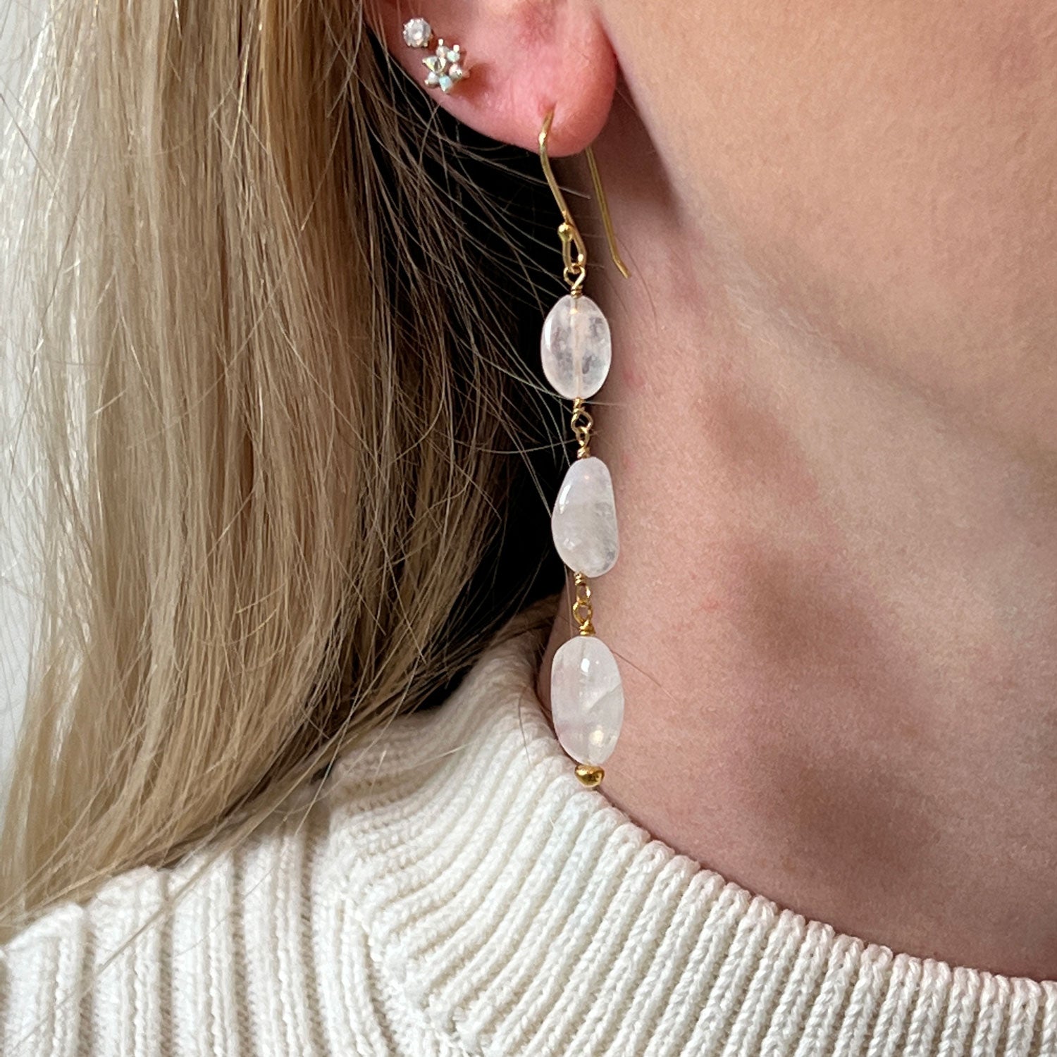 3 Stone Moonstone Earrings