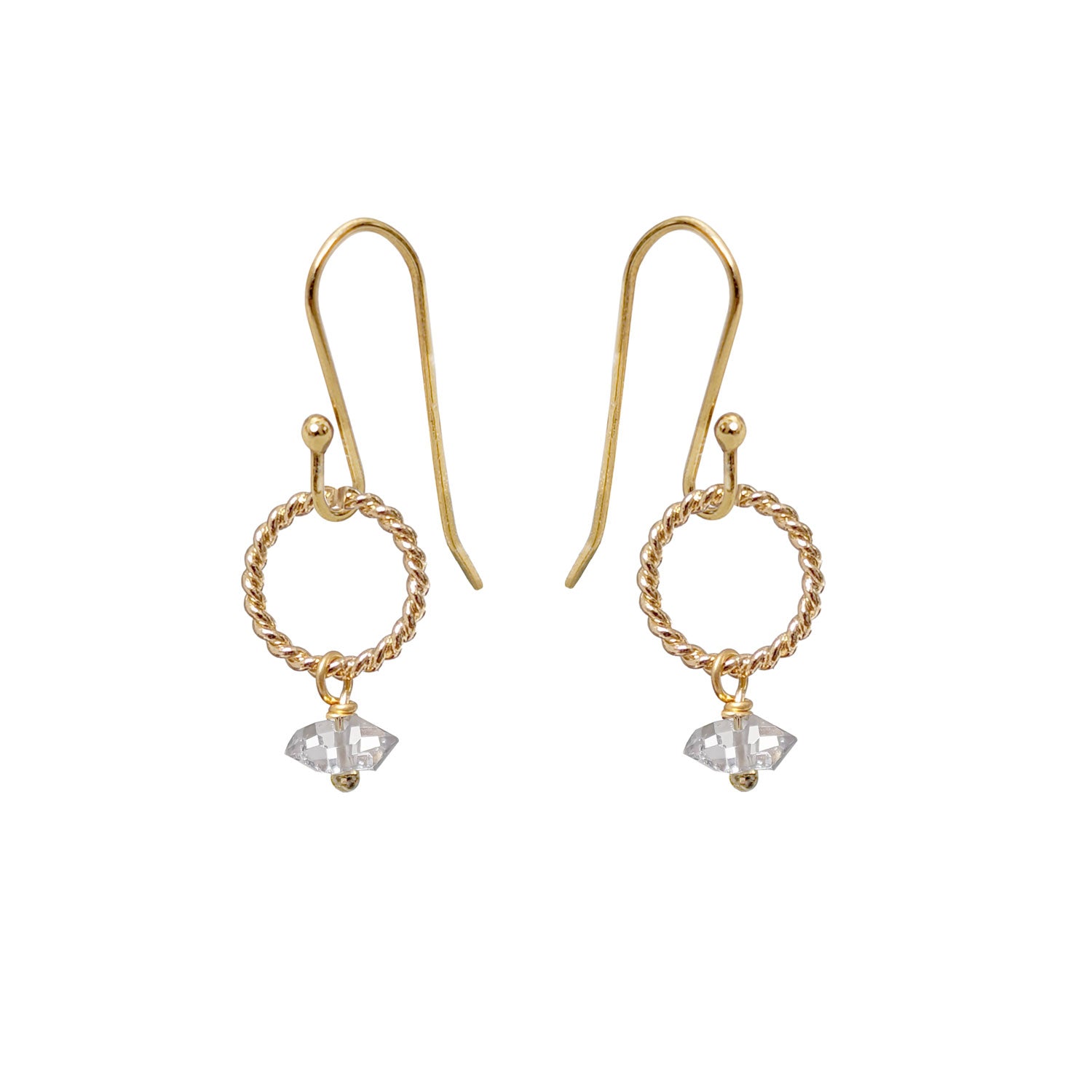 A pair of gold-plated Alexis Herkimer diamond earrings with sterling silver ear hooks, featuring small clear Herkimer diamond crystals dangled from circular loops.