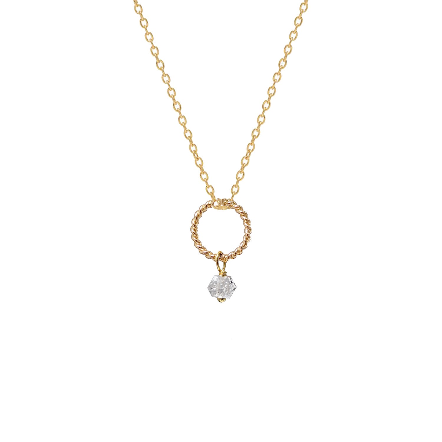 Herkimer quartz diamond pendant on a gold-plated chain against a white background