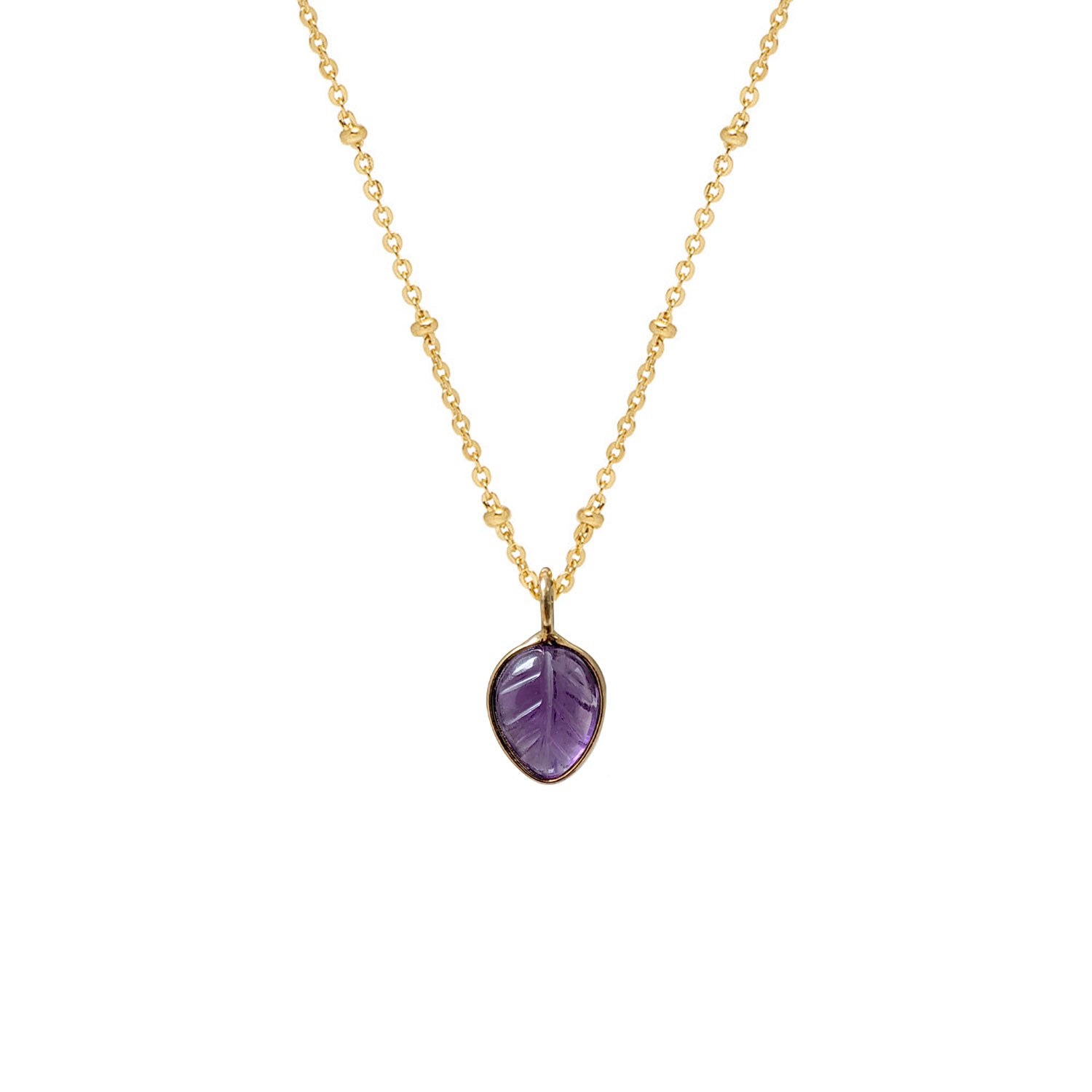 Amethyst Carved Leaf Pendant on Satellite chain