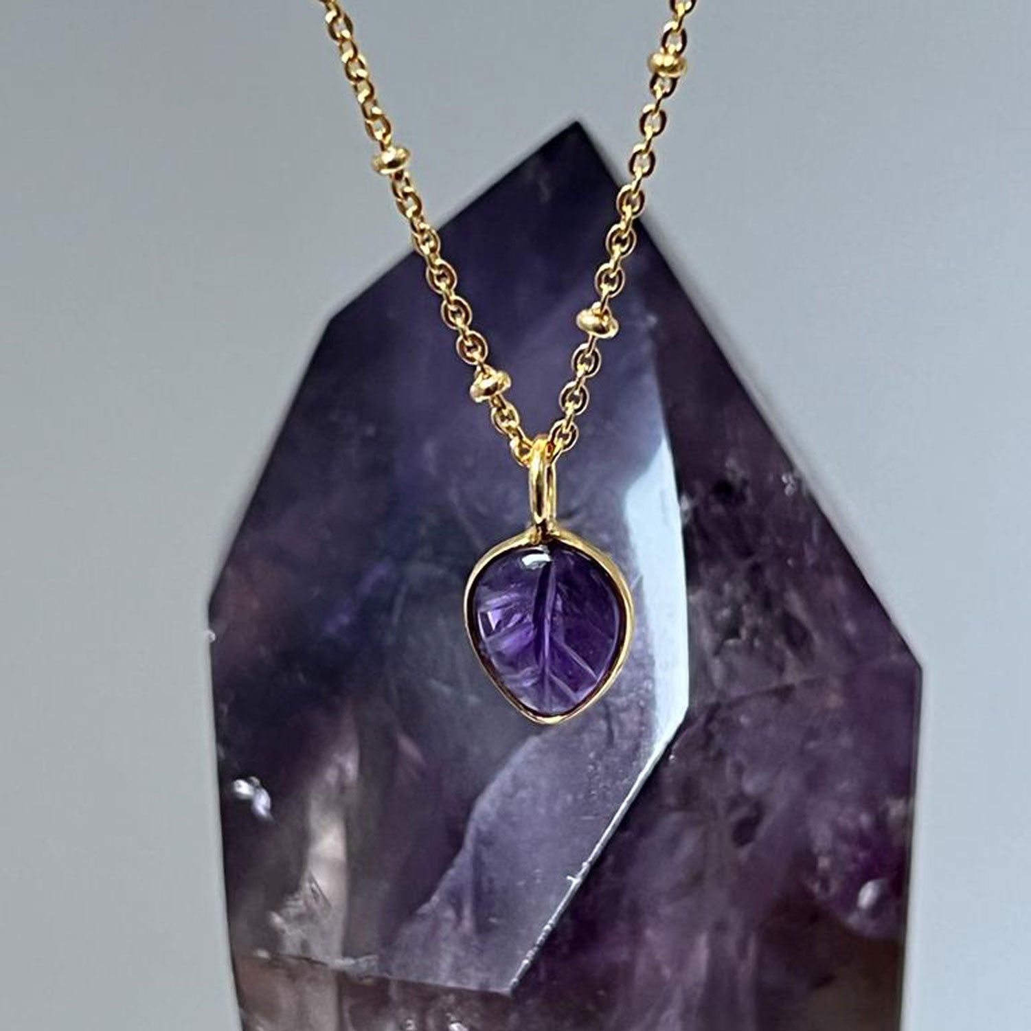 Amethyst Carved Leaf Pendant on Satellite chain