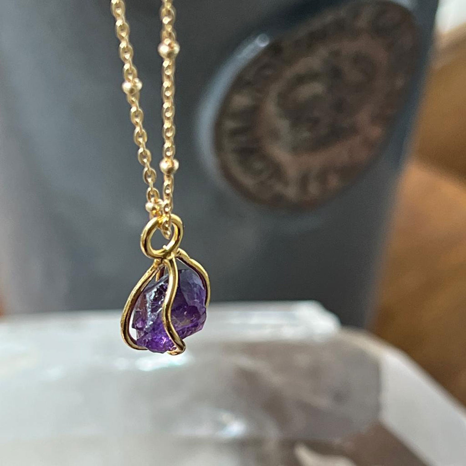 Amethyst Raw in Cage Pendant on Satellite chain