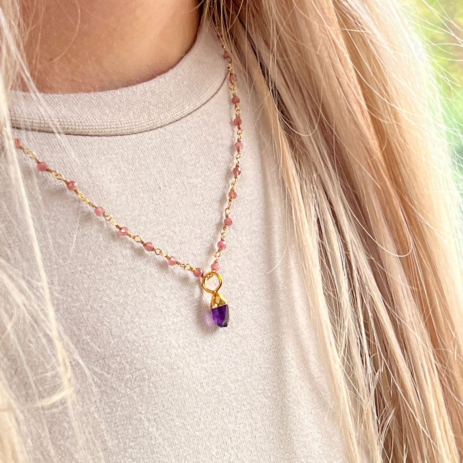 Pink Tourmaline Rosary short with Amethyst Briolette