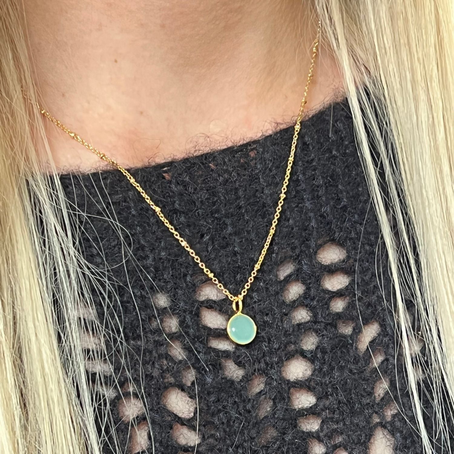 Aqua Chalcedony Cabochon Pendant on Satellite chain