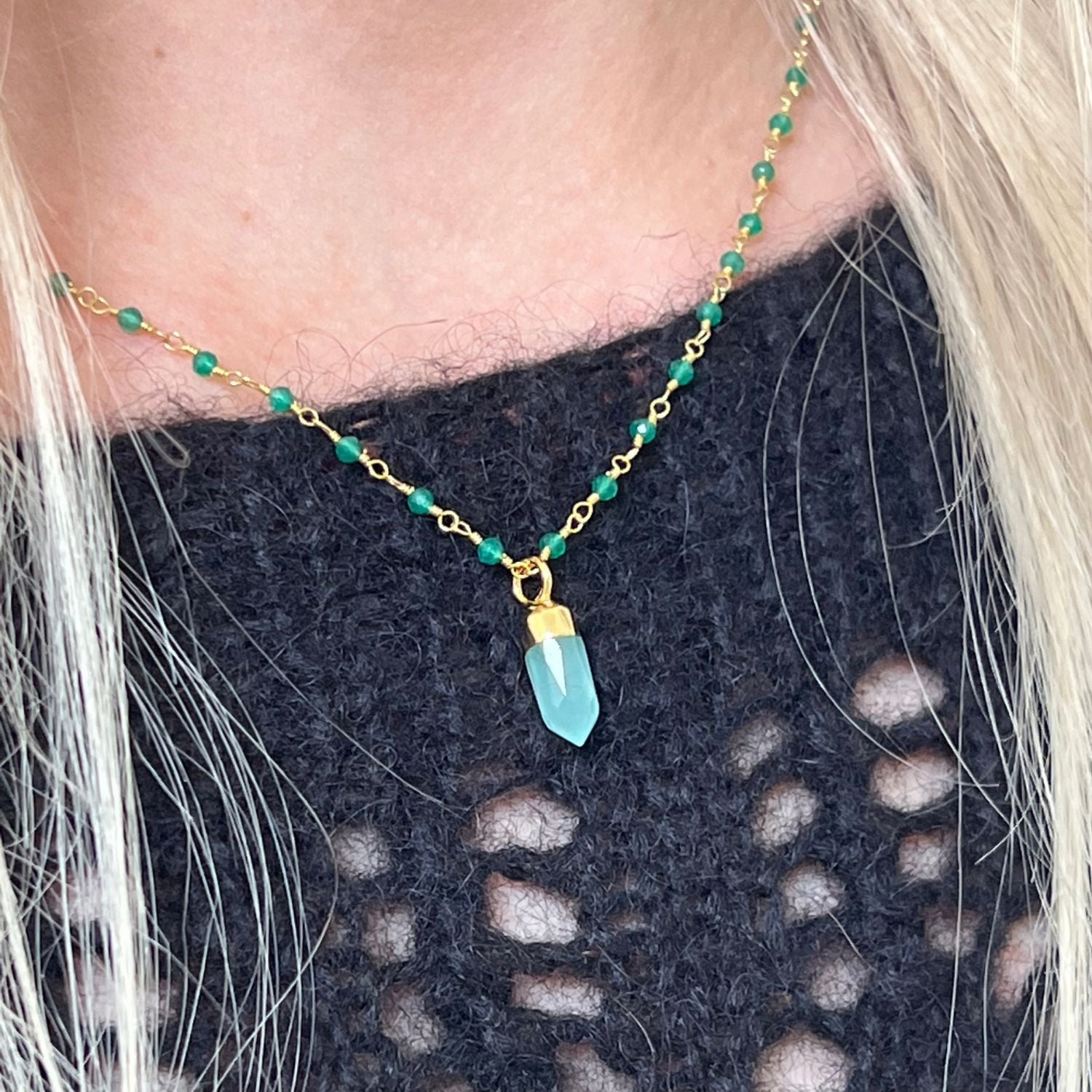 Green Onyx Rosary Aqua Chalcedony Mini Point