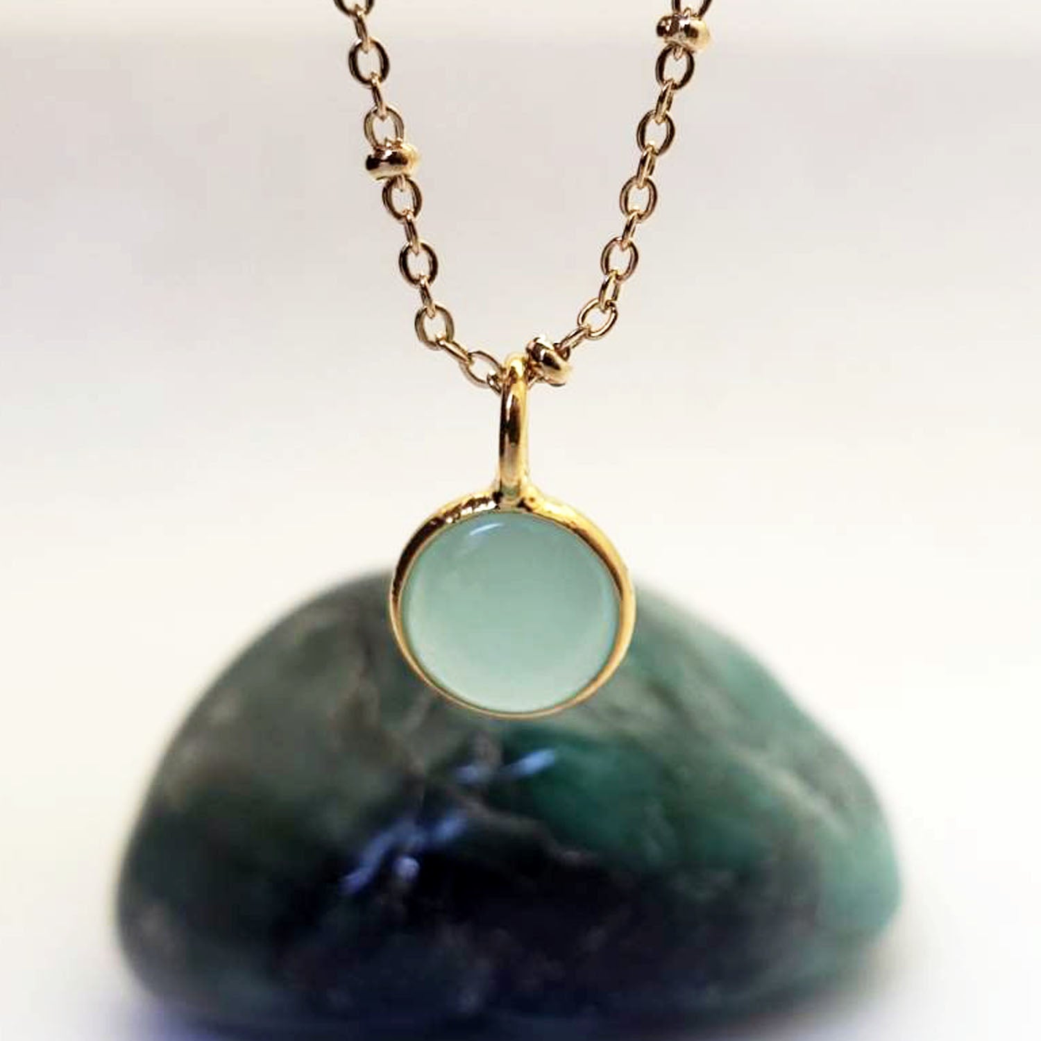 Aqua Chalcedony Cabochon Pendant on Satellite chain