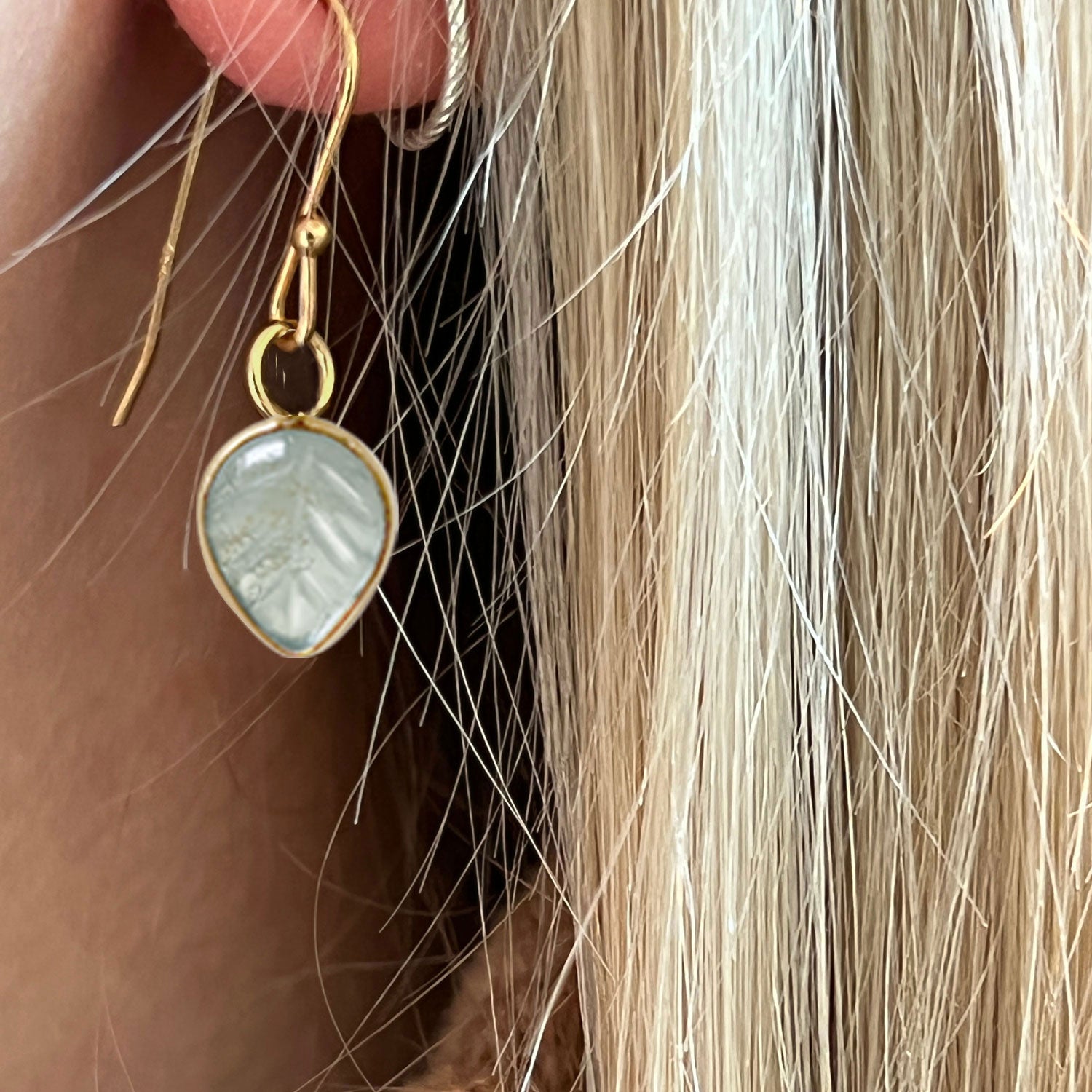 Aquamarine Carved leaf on Earring Hooks