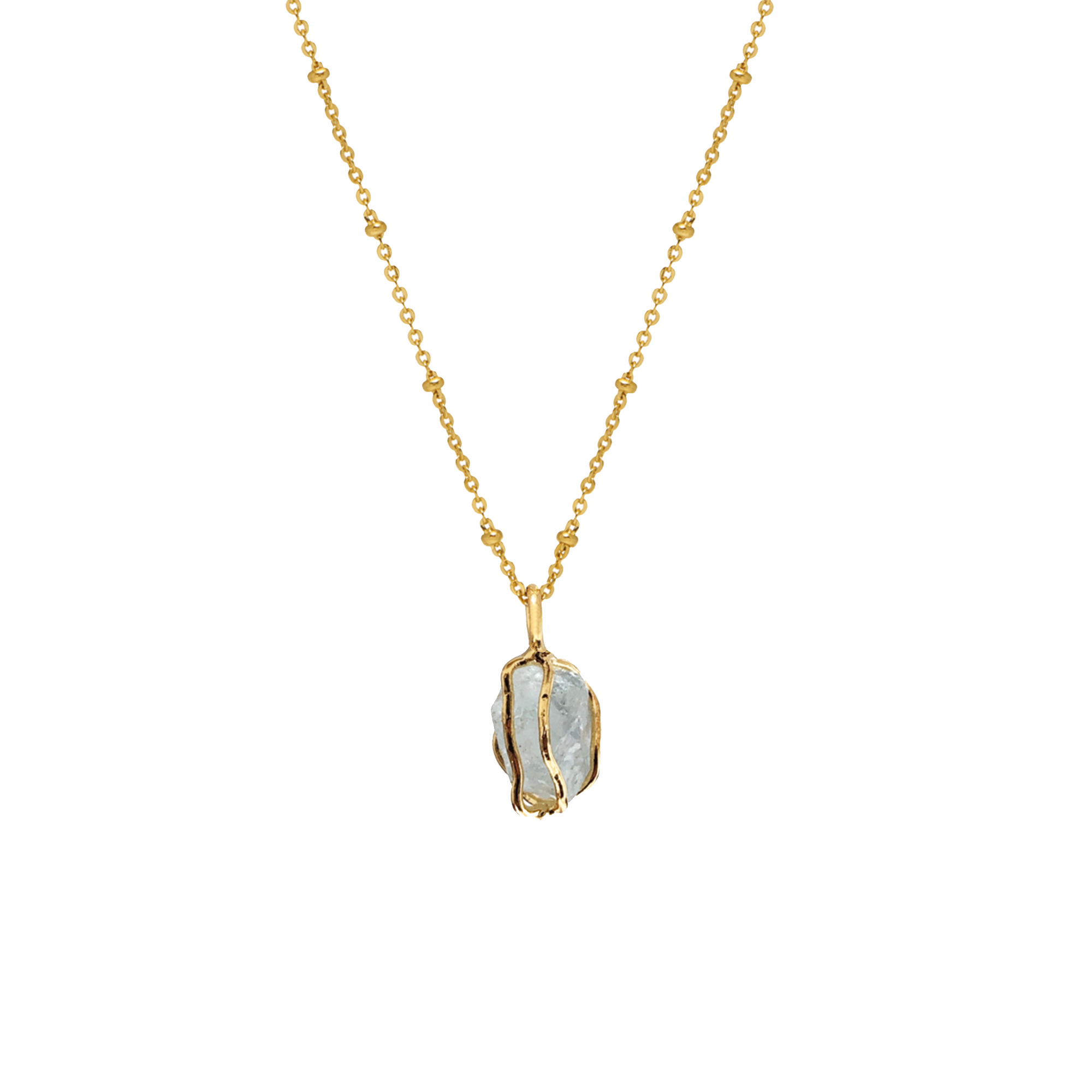 A gold-plated brass pendant with raw Aquamarine crystal encapsulated in a cage, attached to a short satellite chain necklace.