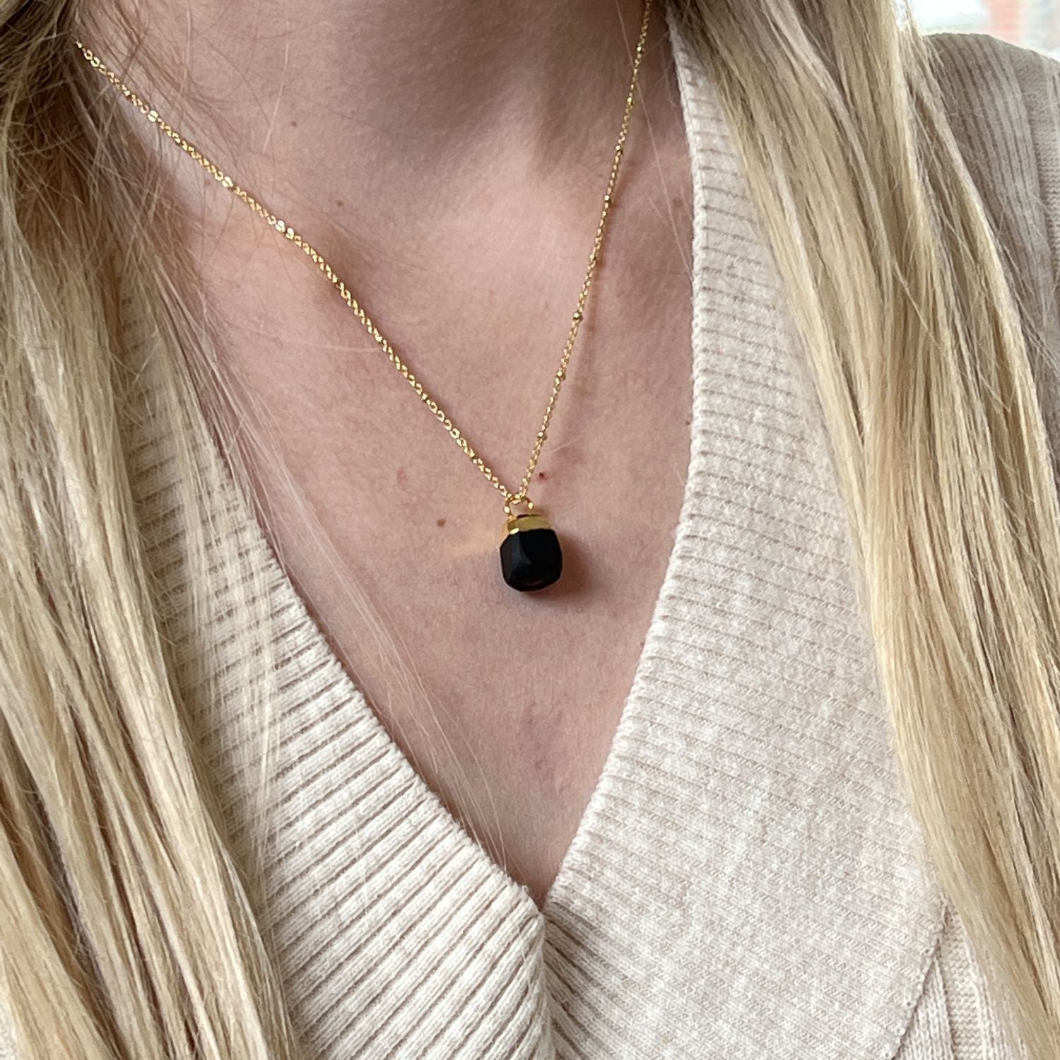 Raw Black Onyx Pendant on a Short Satellite Chain