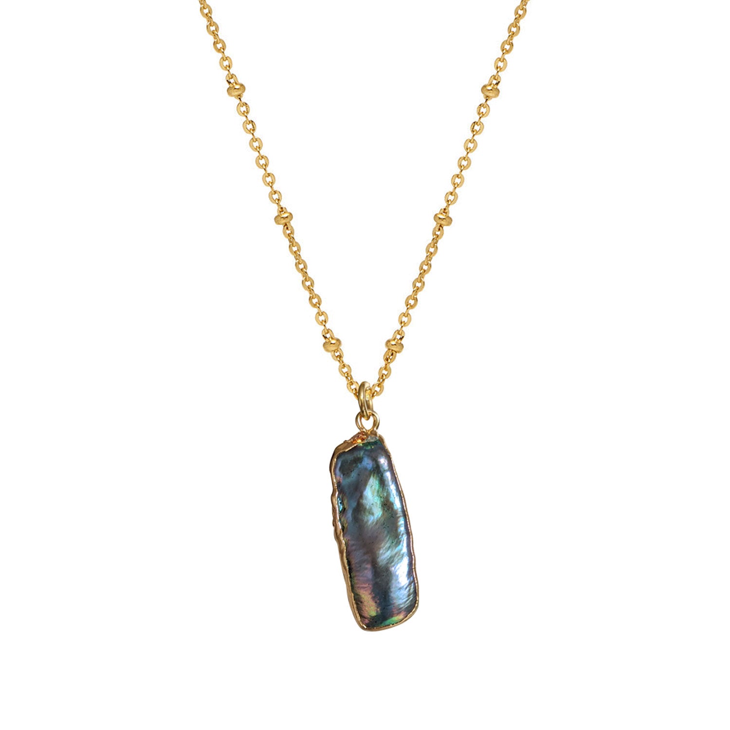 Biwa pearl iridescent pendant on long satellite chain