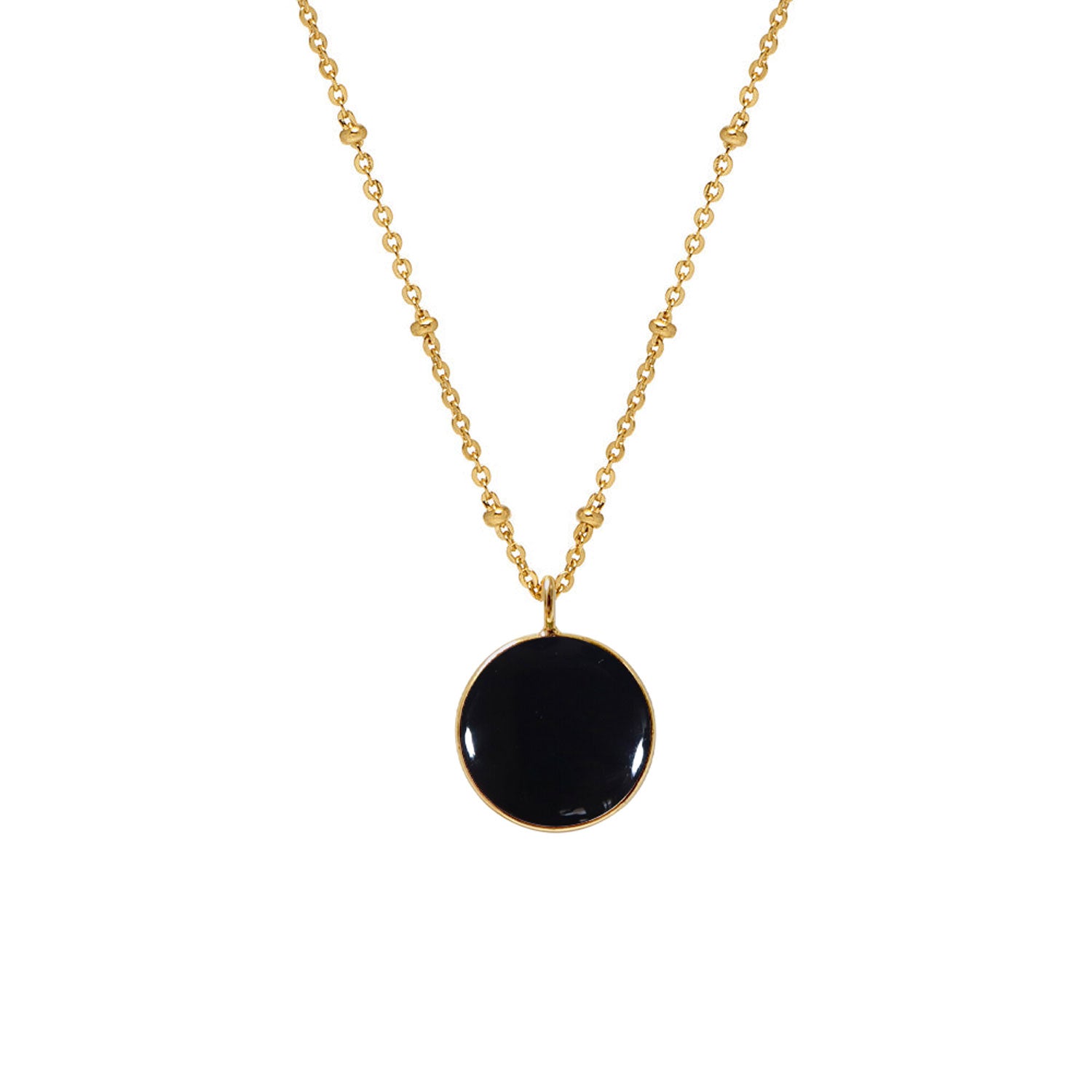 Black Onyx coin Pendant on Long Satellite chain