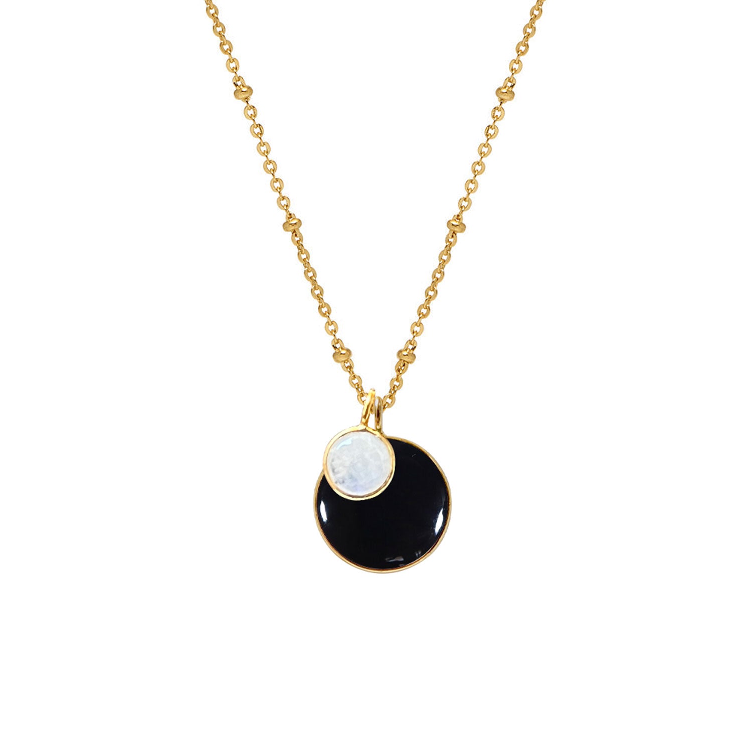 Duo Ying Yang Black onyx & Moonstone Pendant on Long Satellite Chain