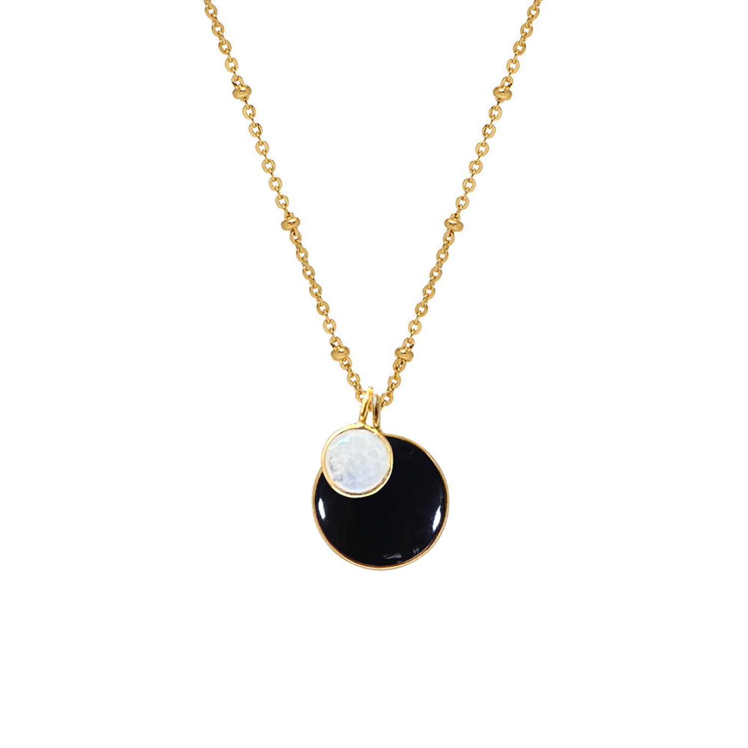 Duo Ying Yang Black onyx  & Moonstone Pendant on Long Satellite Chain