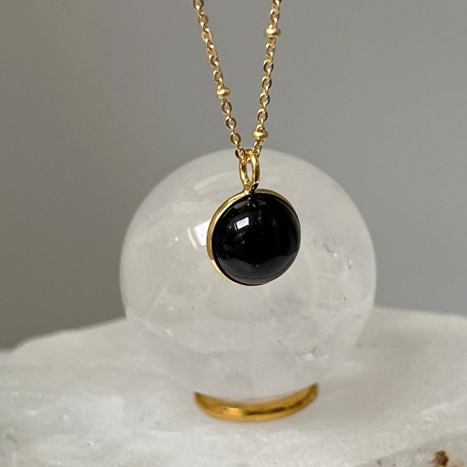 Magic Black Onyx Ball Pendant on Long Satellite Chain