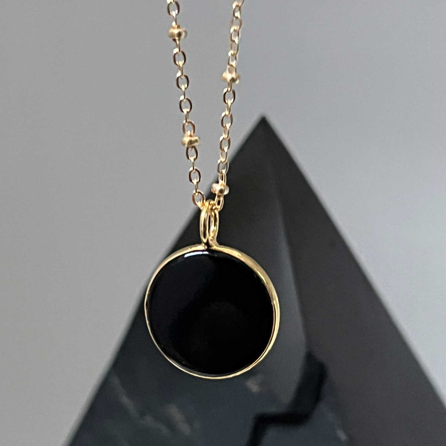 Black Onyx coin Pendant on Long Satellite chain