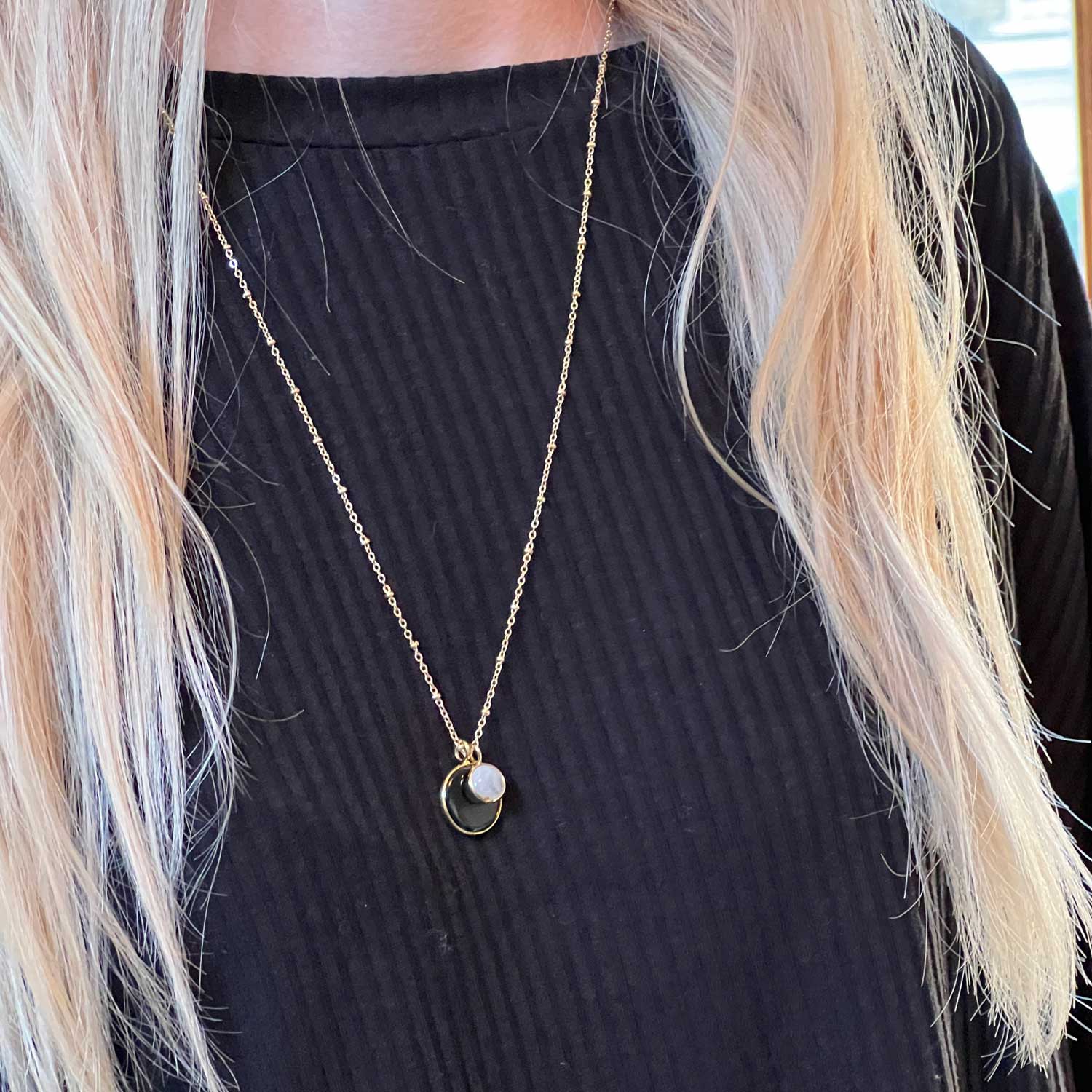 Duo Ying Yang Black onyx & Moonstone Pendant on Long Satellite Chain