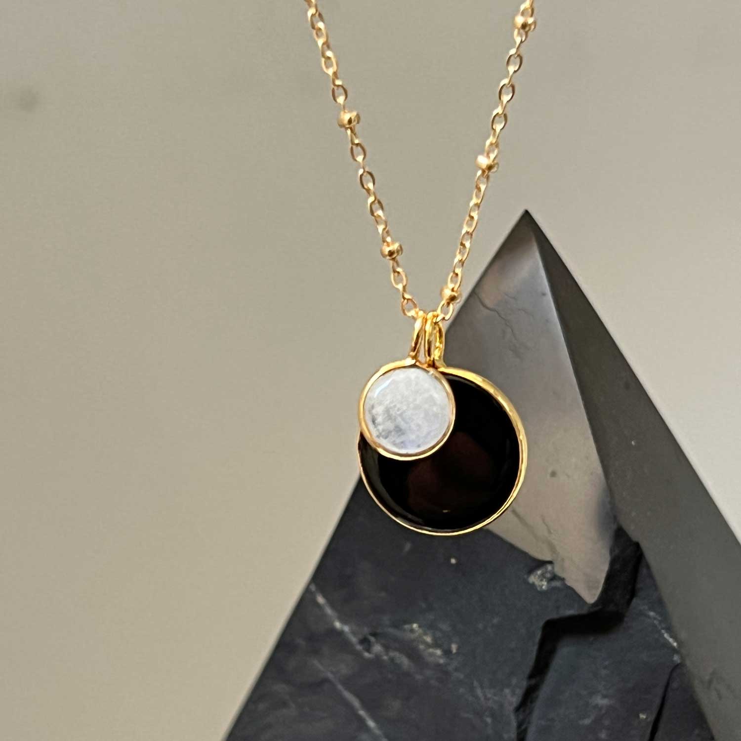 Duo Ying Yang Black onyx  & Moonstone Pendant on Long Satellite Chain