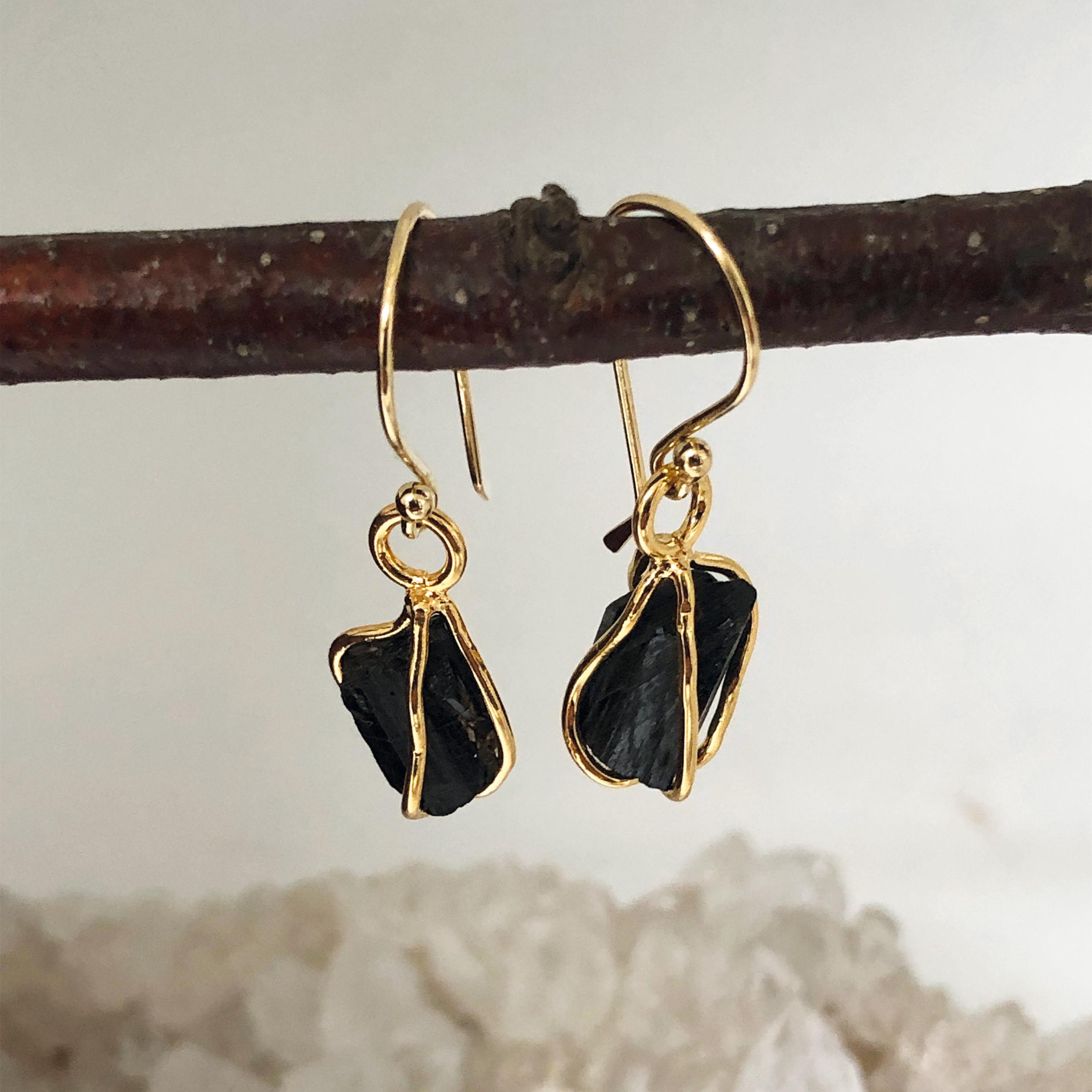 Black Tourmaline Raw in cage Earrings