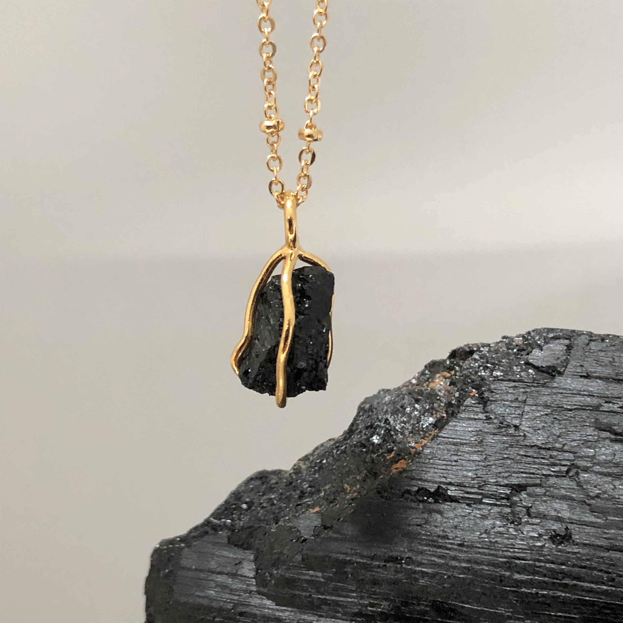 Black Tourmaline Raw in Cage Pendant on Short Satellite Chain