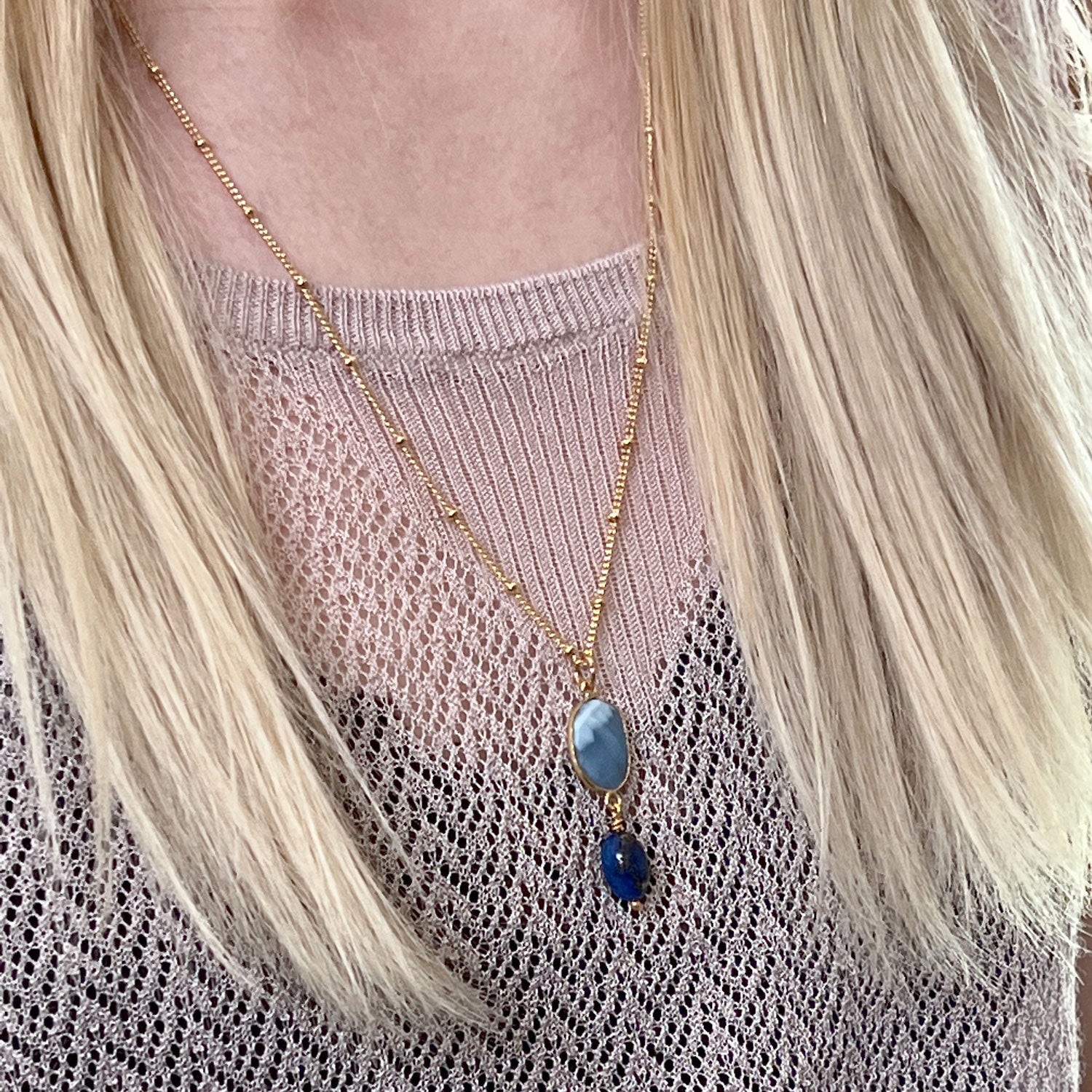 Blue Opal Free form with Lapis Lazuli Pendant on Biba chain