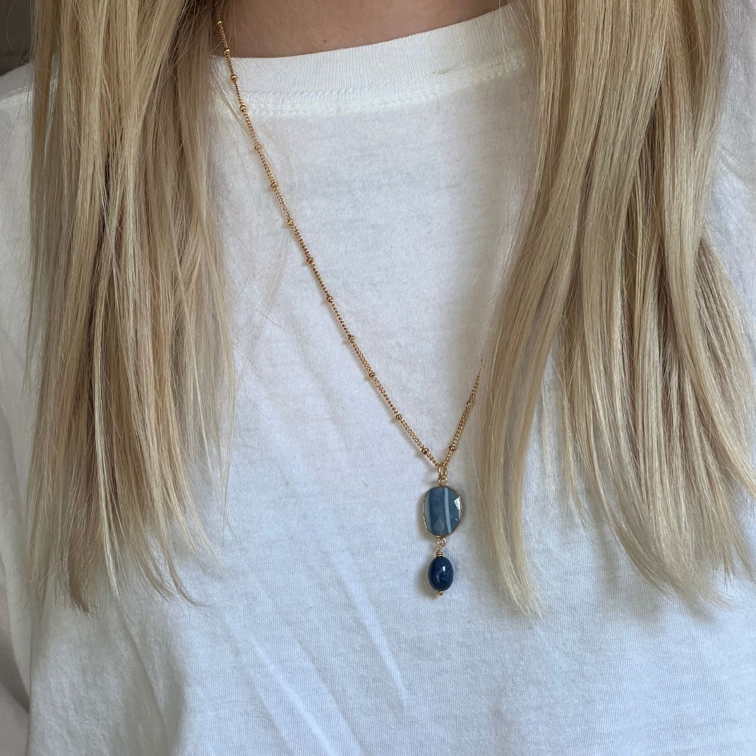 Blue Opal Free form with Lapis Lazuli Pendant on Biba chain
